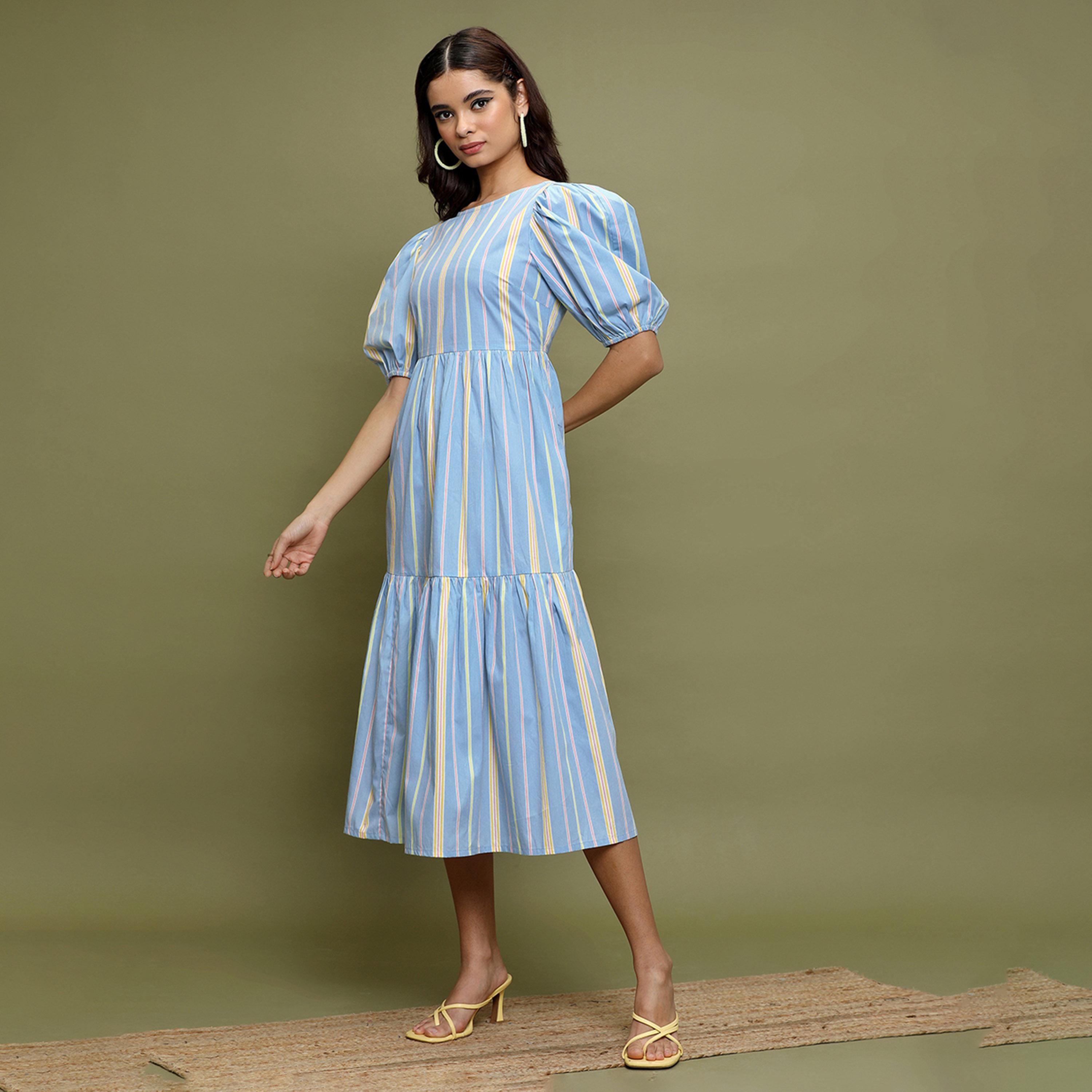Vishudh X Styli Striped Puff Sleeves Gathered Cotton A-Line Midi Dress-women-clothing-dresses-image-2