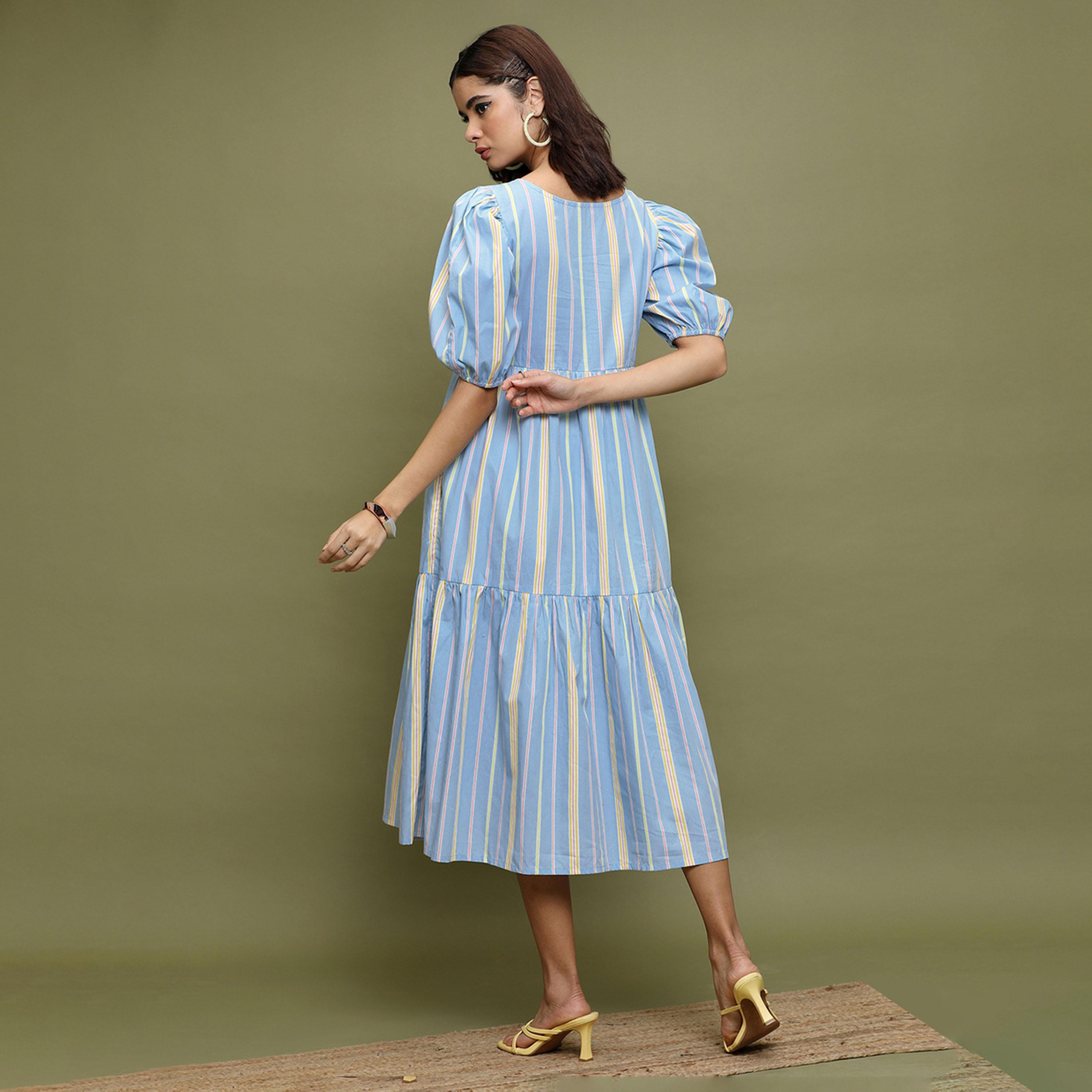 Vishudh X Styli Striped Puff Sleeves Gathered Cotton A-Line Midi Dress-women-clothing-dresses-image-3