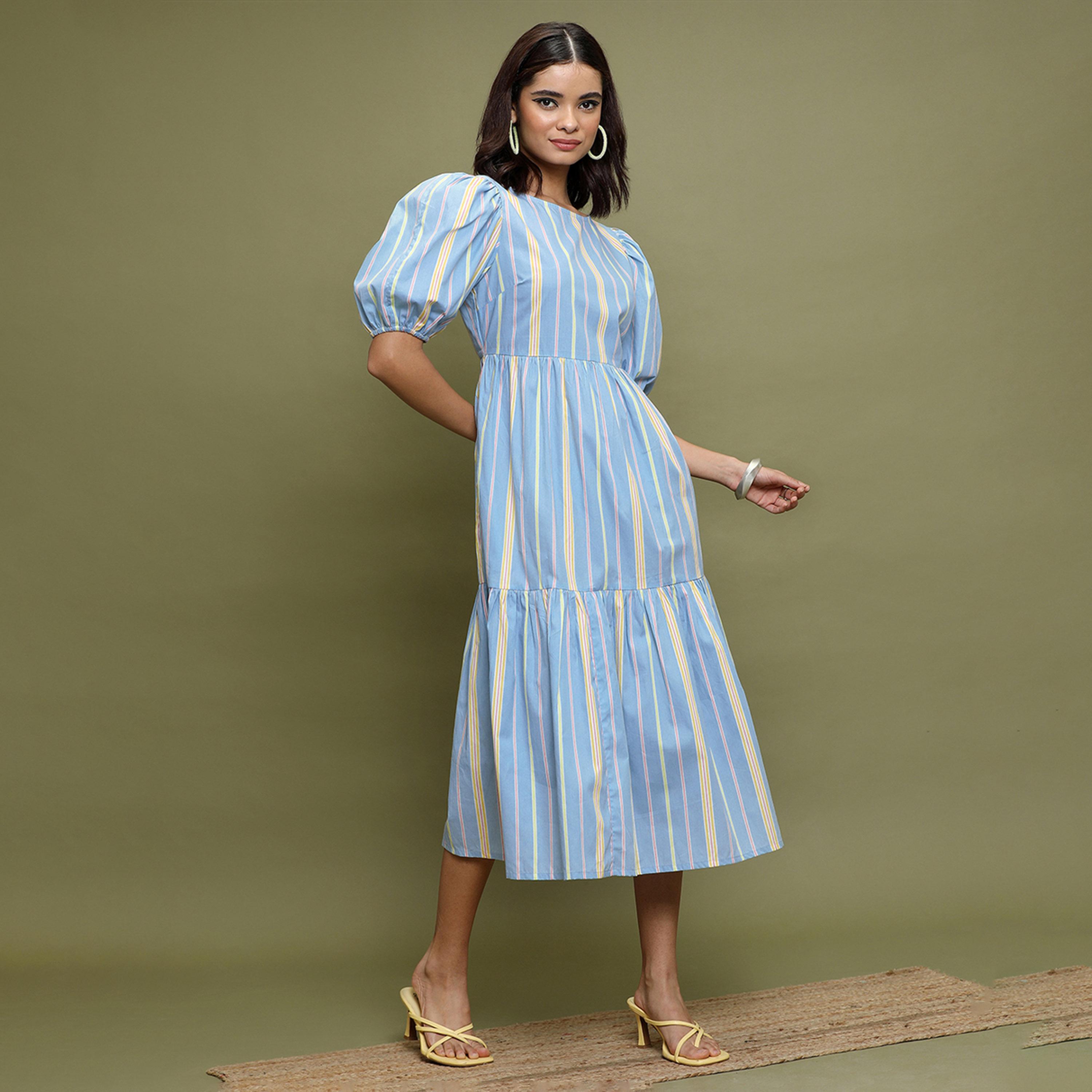 Vishudh X Styli Striped Puff Sleeves Gathered Cotton A-Line Midi Dress-women-clothing-dresses-image-4