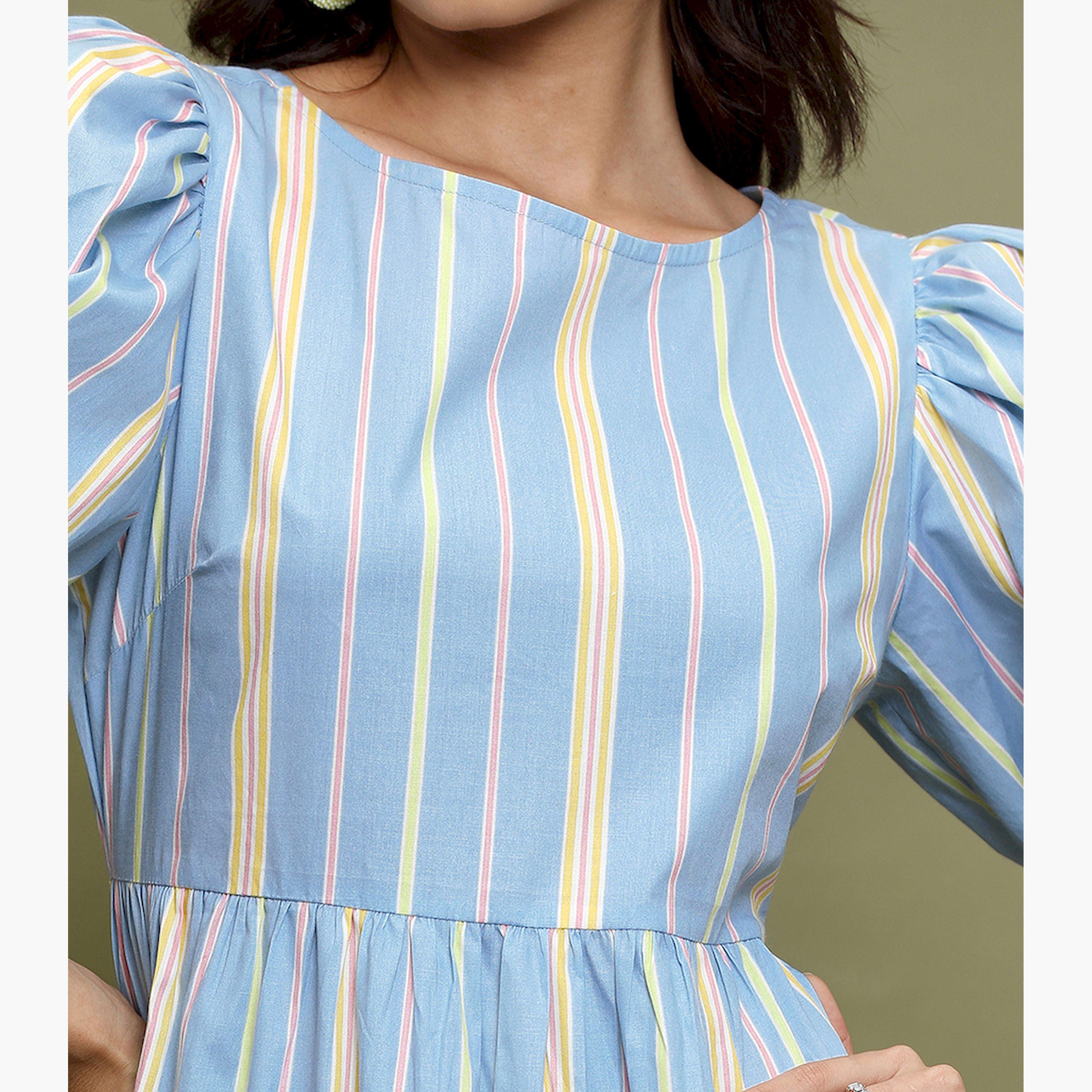 Vishudh X Styli Striped Puff Sleeves Gathered Cotton A-Line Midi Dress-women-clothing-dresses-image-5