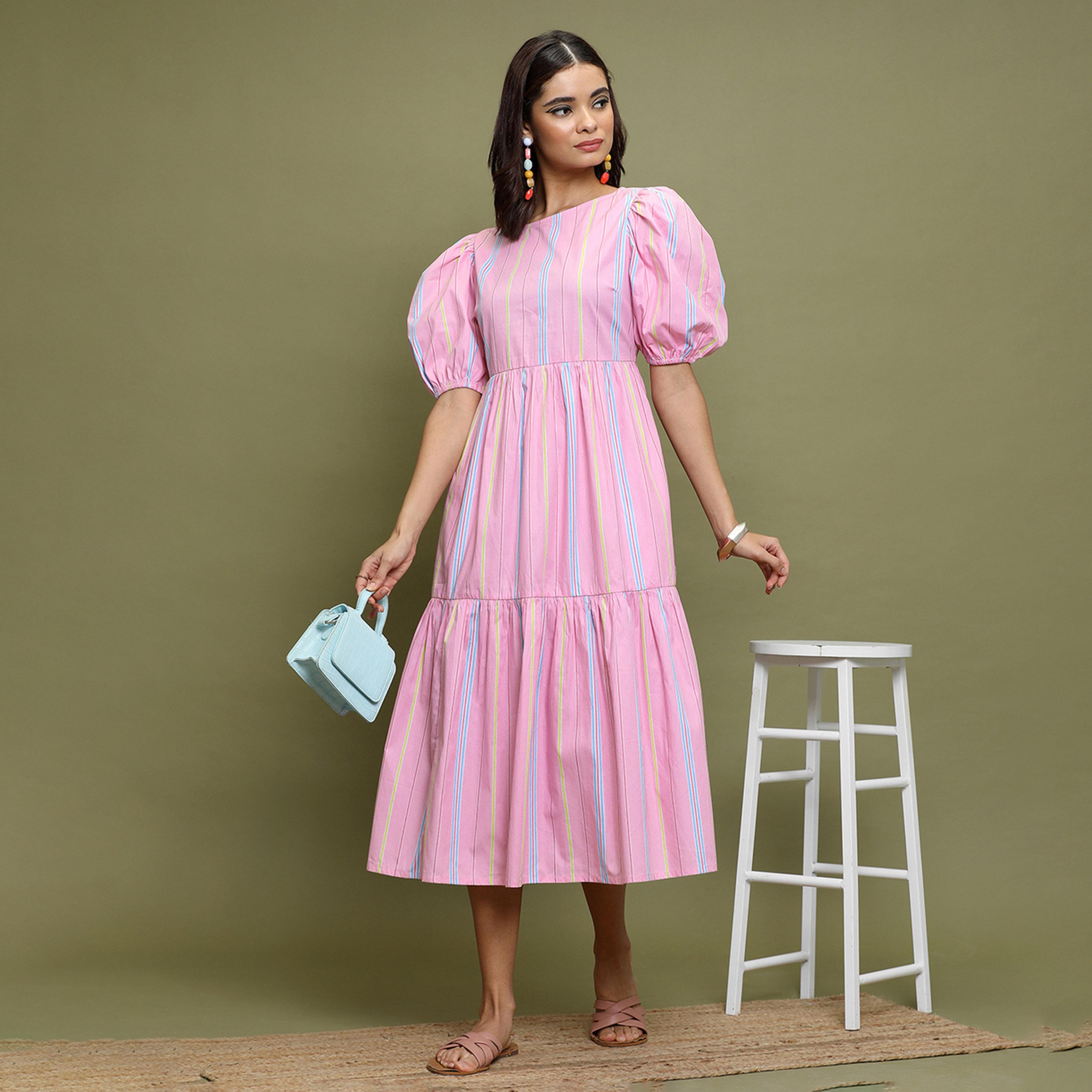 Vishudh X Styli Pink Striped Puff Sleeves A-Line Midi Dress-women-clothing-dresses-image-1