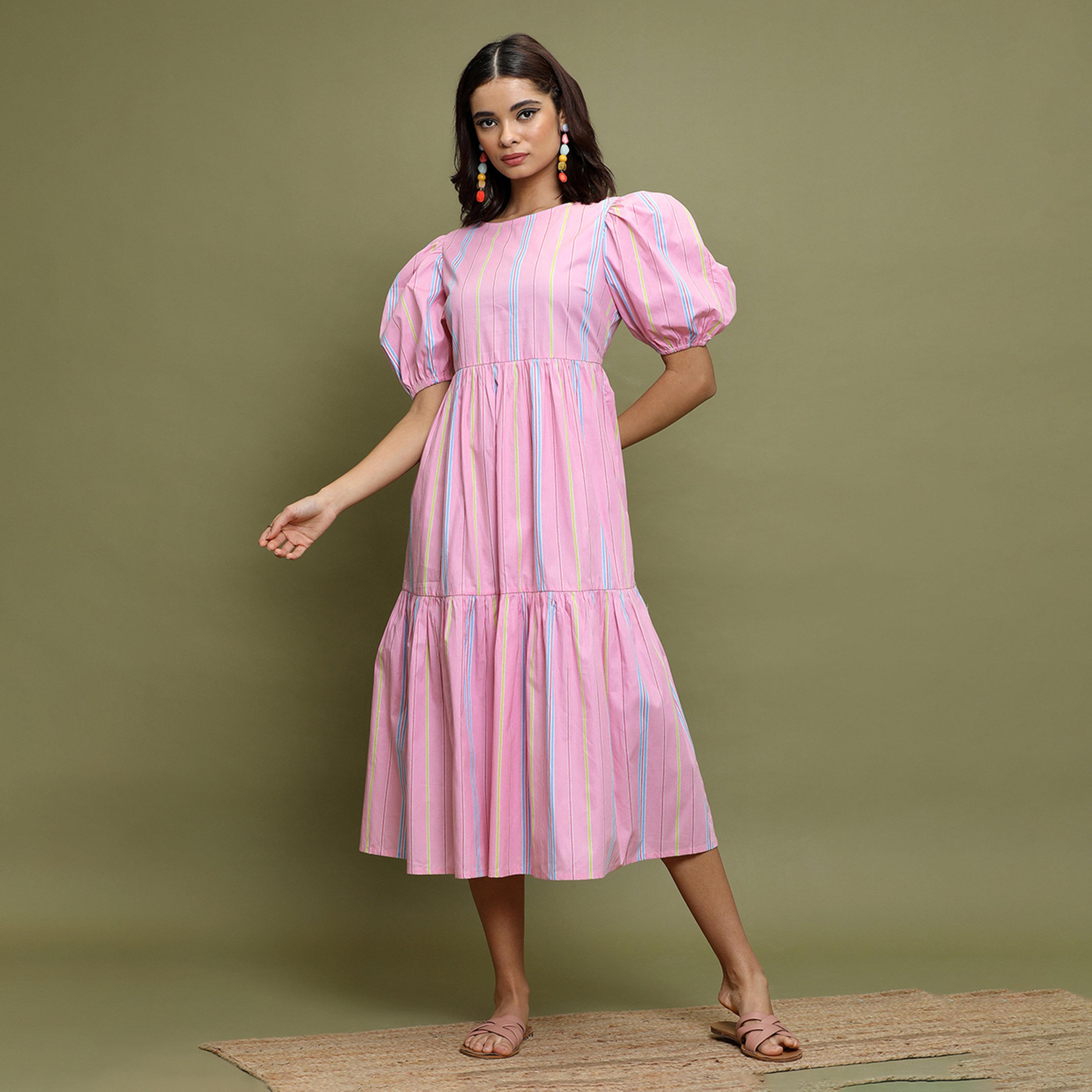 Vishudh X Styli Pink Striped Puff Sleeves A-Line Midi Dress-women-clothing-dresses-image-2