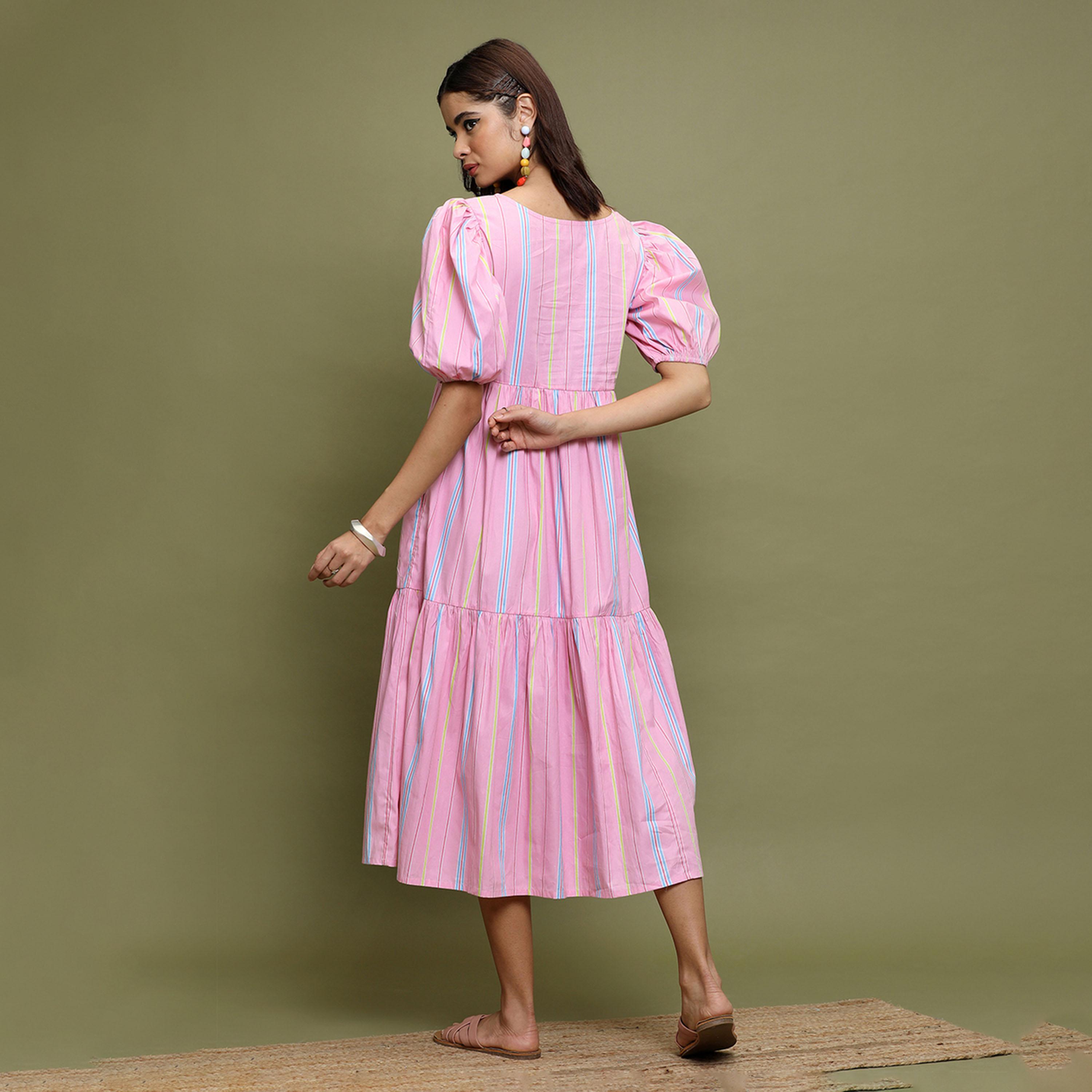 Vishudh X Styli Pink Striped Puff Sleeves A-Line Midi Dress-women-clothing-dresses-image-3