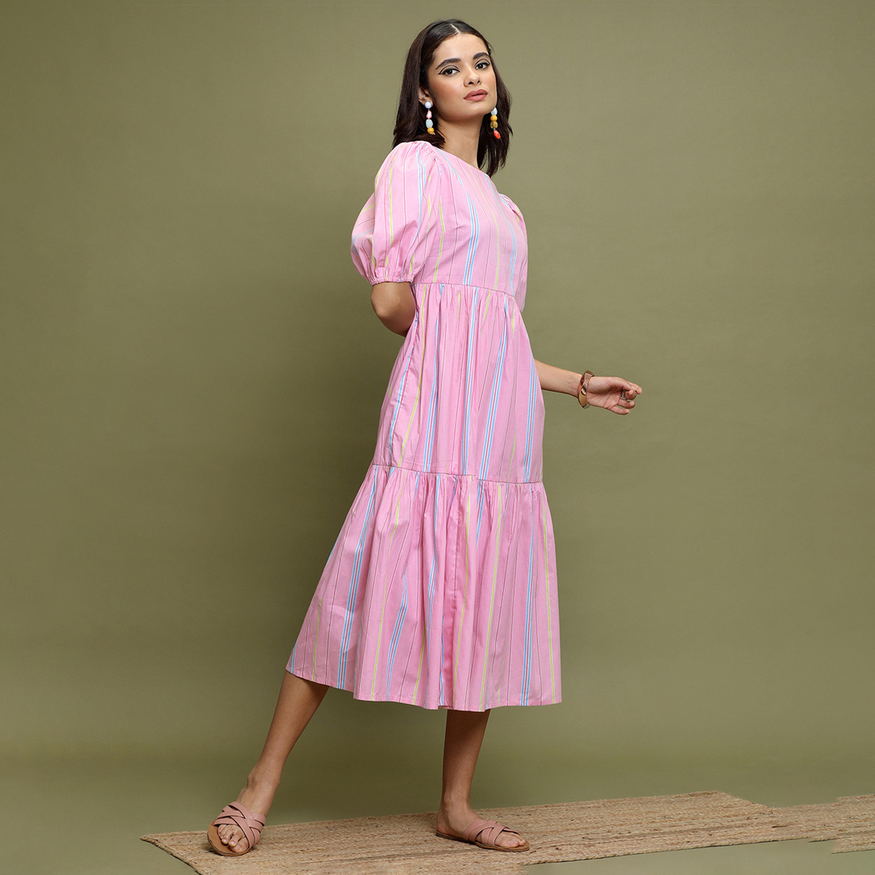 Vishudh X Styli Pink Striped Puff Sleeves A-Line Midi Dress-women-clothing-dresses-image-4