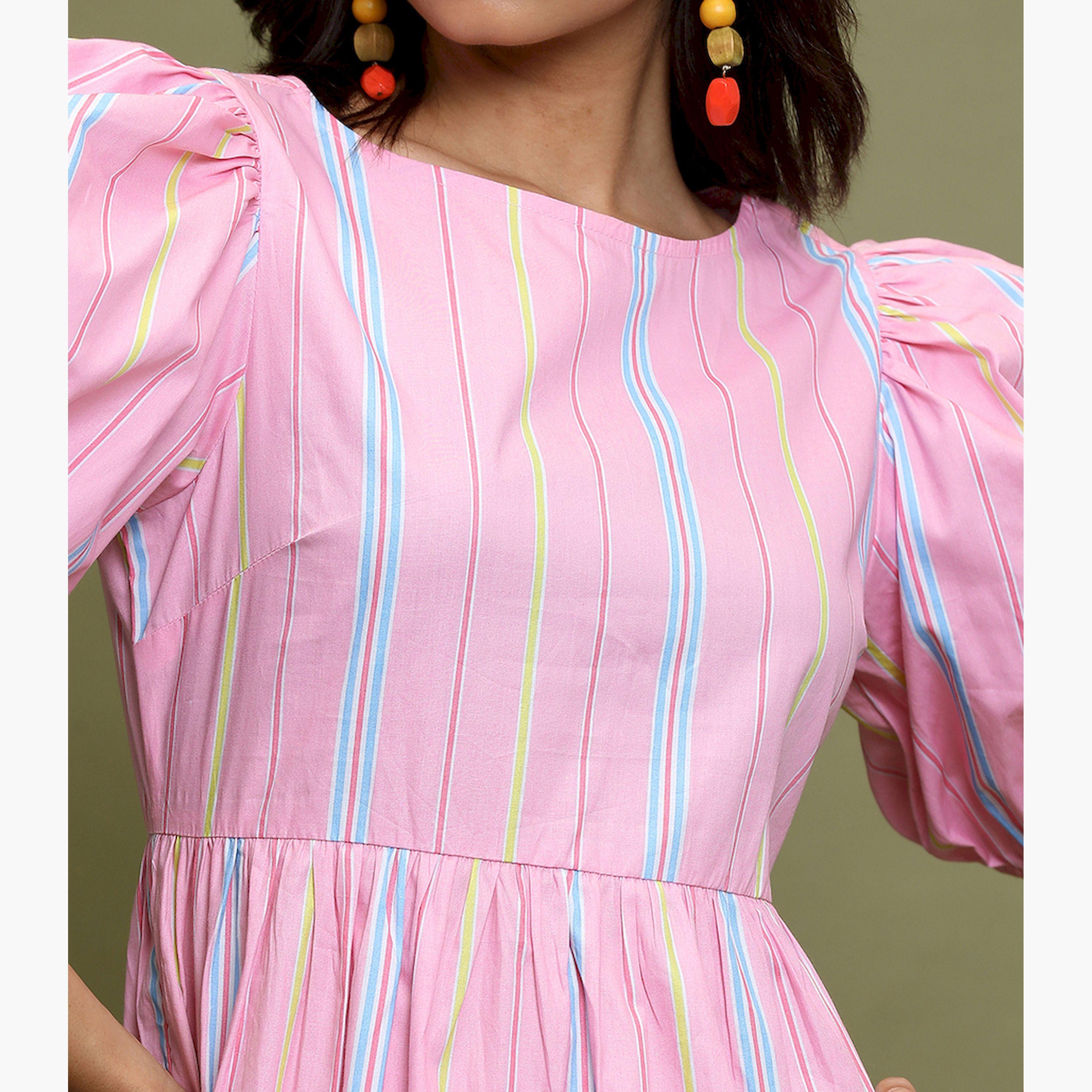 Vishudh X Styli Pink Striped Puff Sleeves A-Line Midi Dress-women-clothing-dresses-image-5