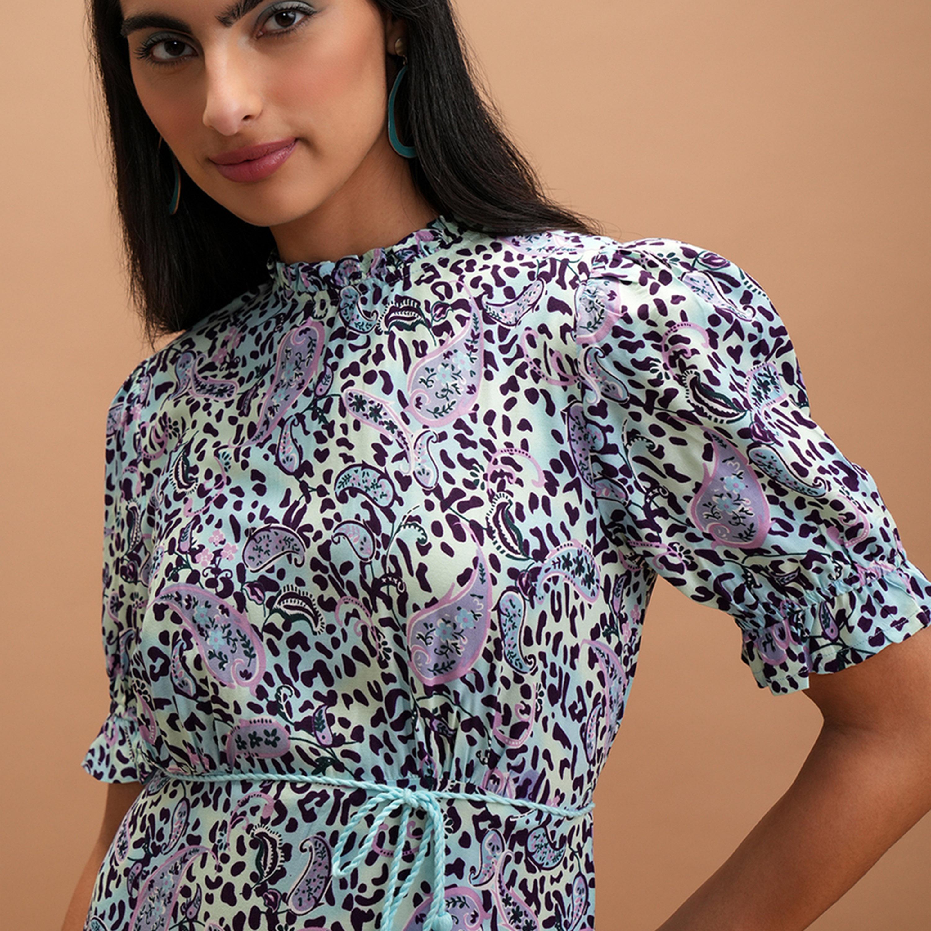 فيشود × ستايلي - فستان متوسط الطول بقصّة واسعة وطبعة زهور - أزرق وبنفسجي-women-clothing-dresses-image-2