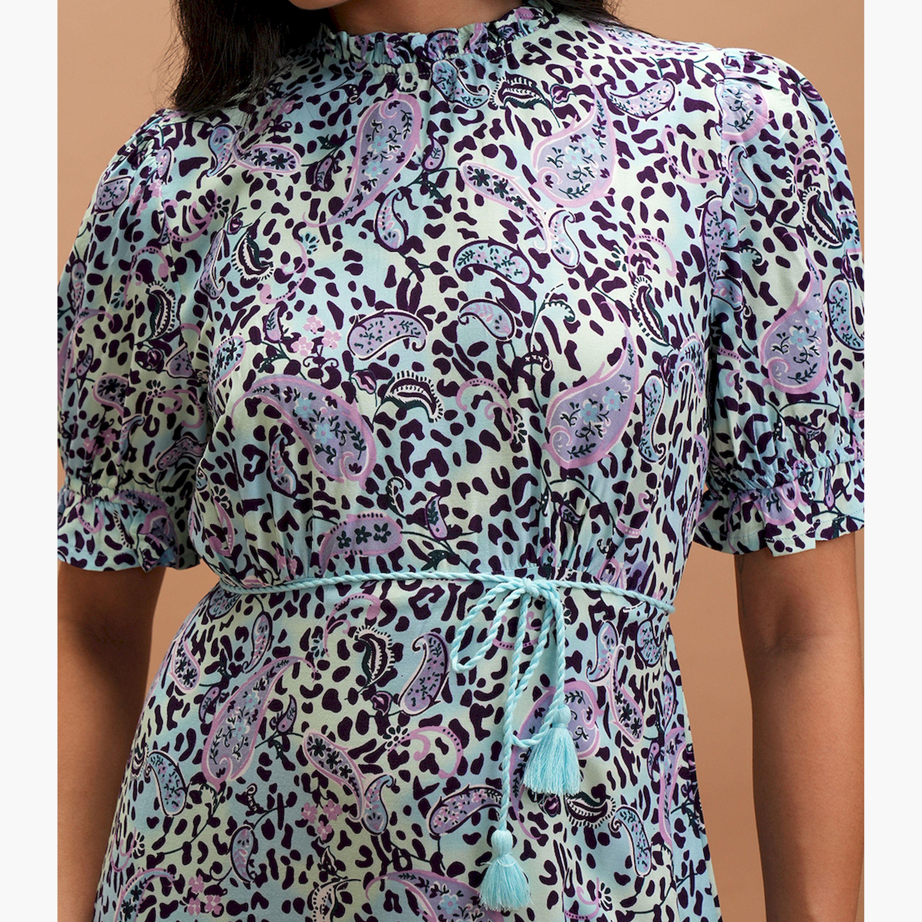 فيشود × ستايلي - فستان متوسط الطول بقصّة واسعة وطبعة زهور - أزرق وبنفسجي-women-clothing-dresses-image-5