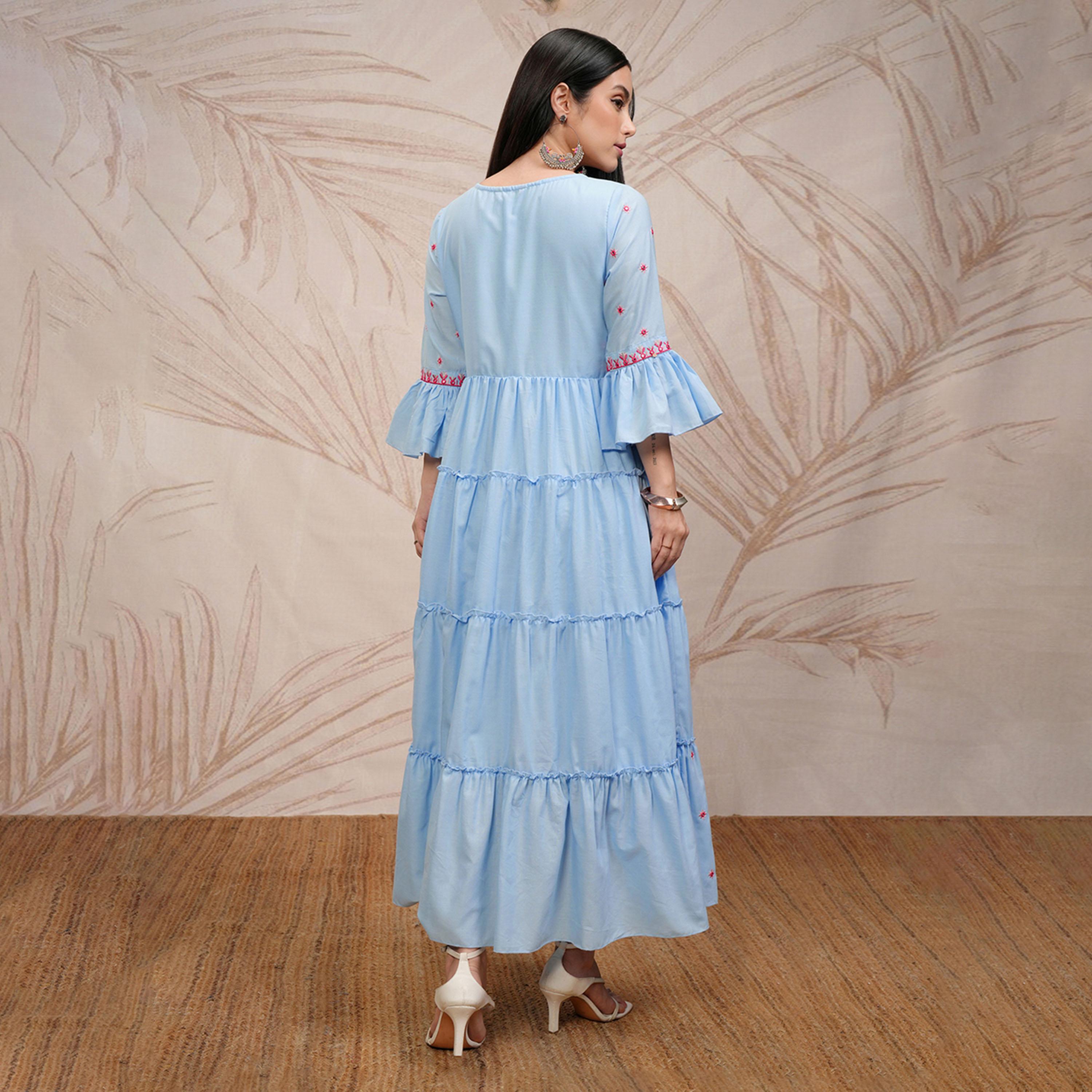 فيشود × ستايلي - فستان ماكسي نسائي طبقات مطرز بأكمام جرس وقصة واسعة-women-clothing-dresses-image-3