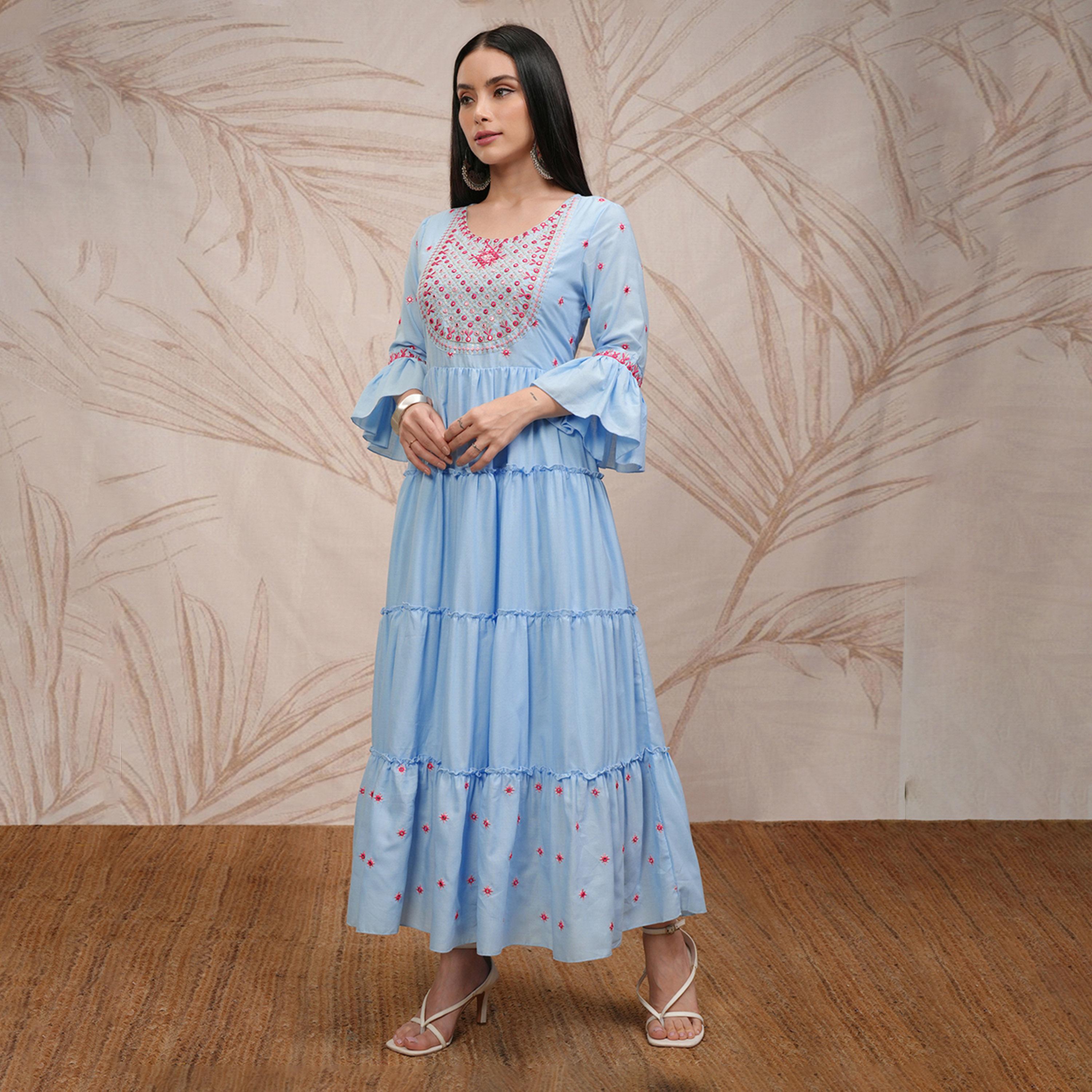 فيشود × ستايلي - فستان ماكسي نسائي طبقات مطرز بأكمام جرس وقصة واسعة-women-clothing-dresses-image-4