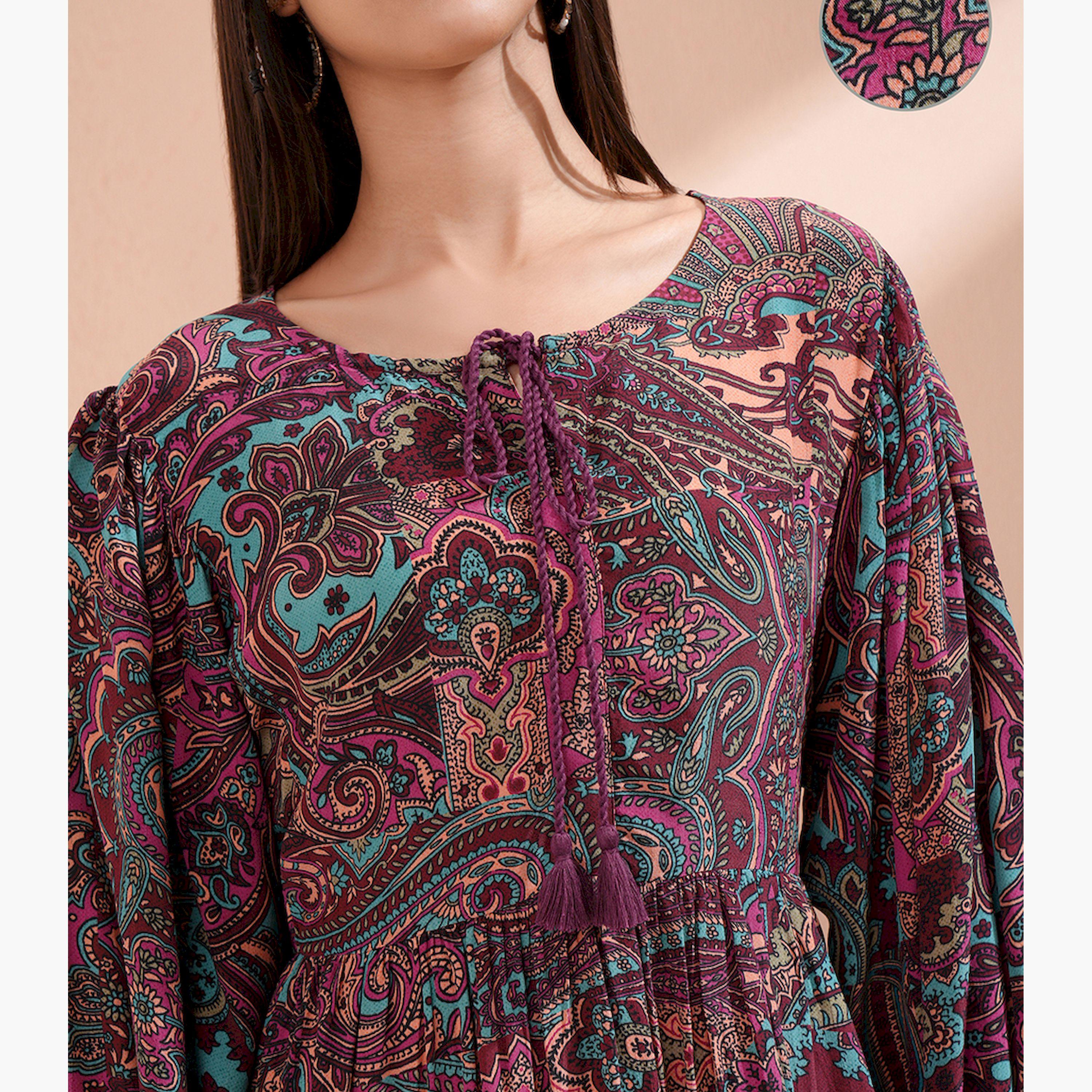 فيشود × ستايلي - فستان نسائي بقصّة واسعة مطبوع بزخارف عرقية-women-clothing-dresses-image-5