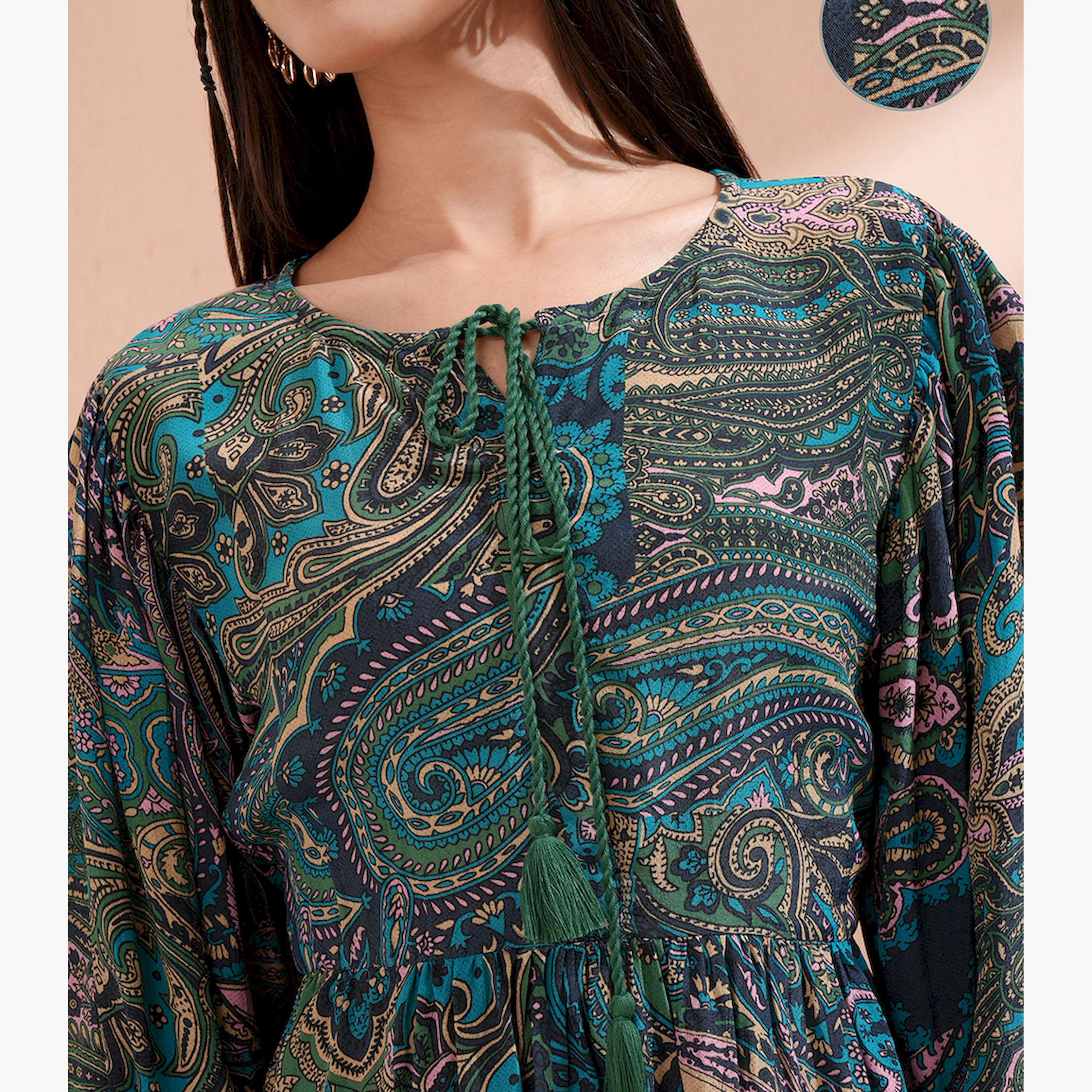 فيشود × ستايلي - فستان بقصة واسعة وزخارف عرفية مطبوع مع تفاصيل رباط-women-clothing-dresses-image-5