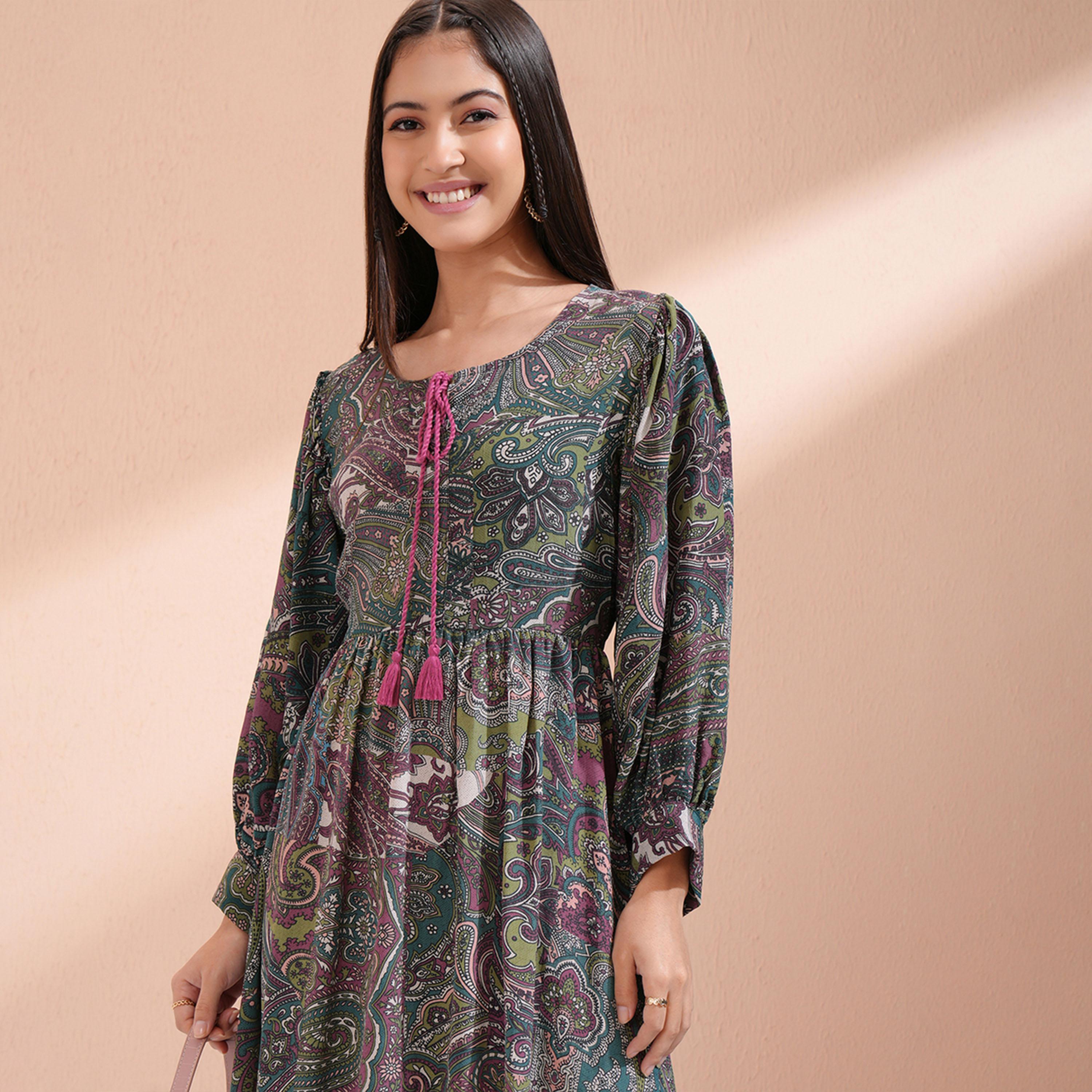 فيشود × ستايلي - فستان نسائي واسع من الأسفل بنقشة عرقية-women-clothing-dresses-image-2