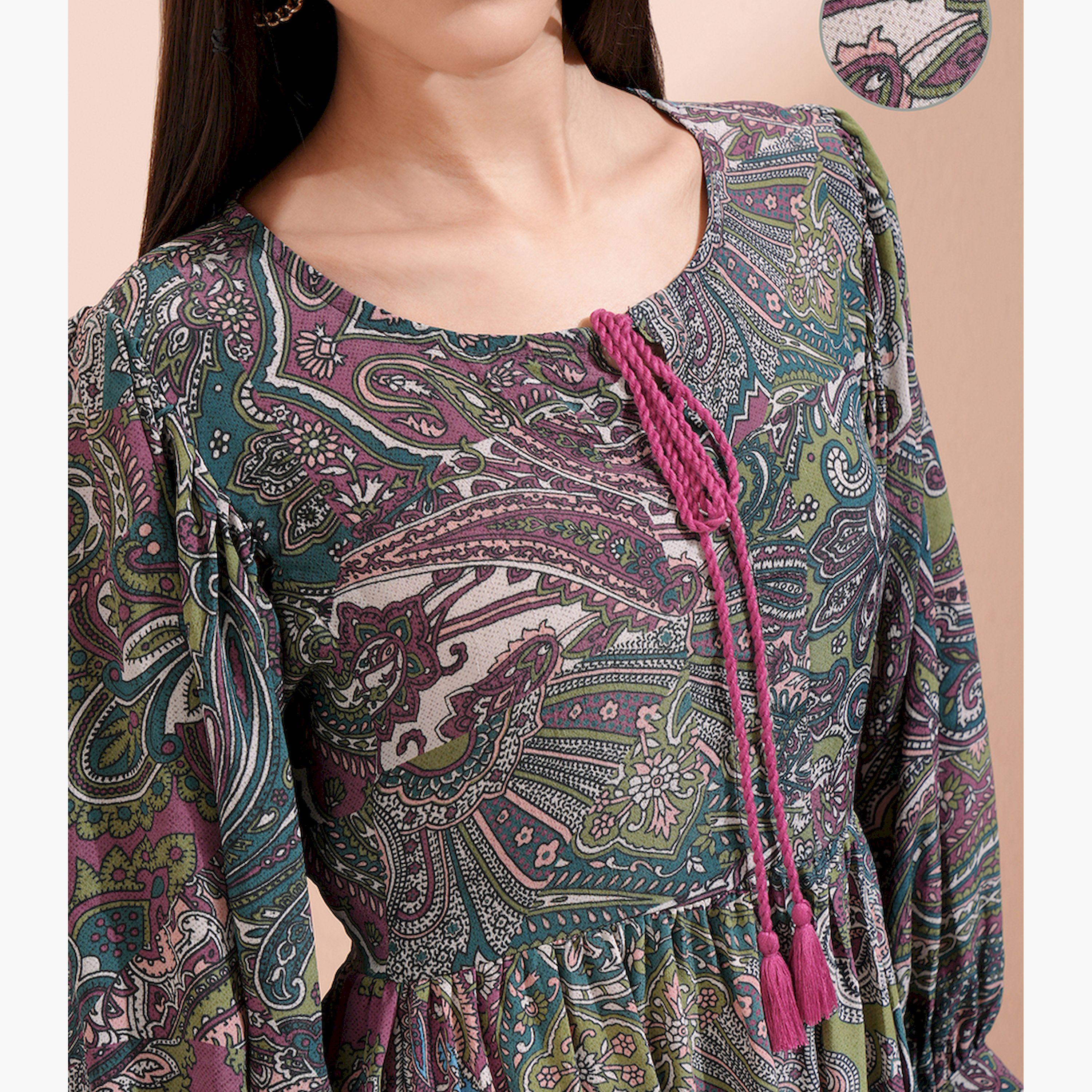 فيشود × ستايلي - فستان نسائي واسع من الأسفل بنقشة عرقية-women-clothing-dresses-image-5