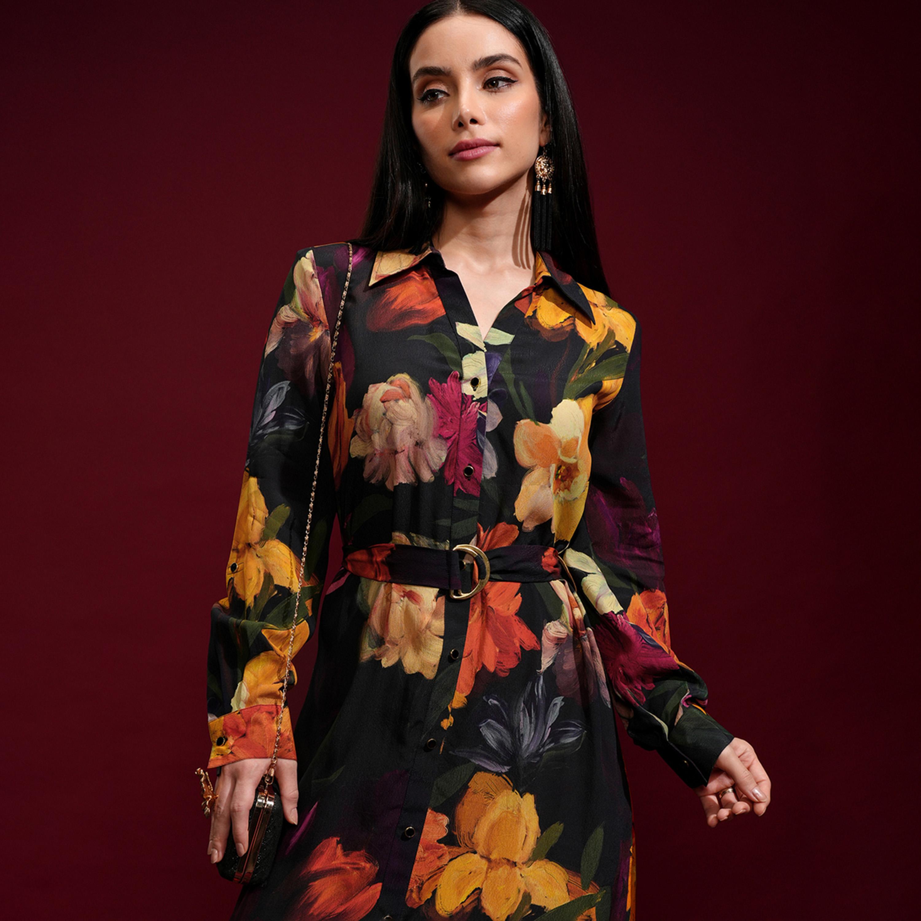 فيشود × ستايلي - فستان قميص متوسط الطول بطبعة زهور-women-clothing-dresses-image-2