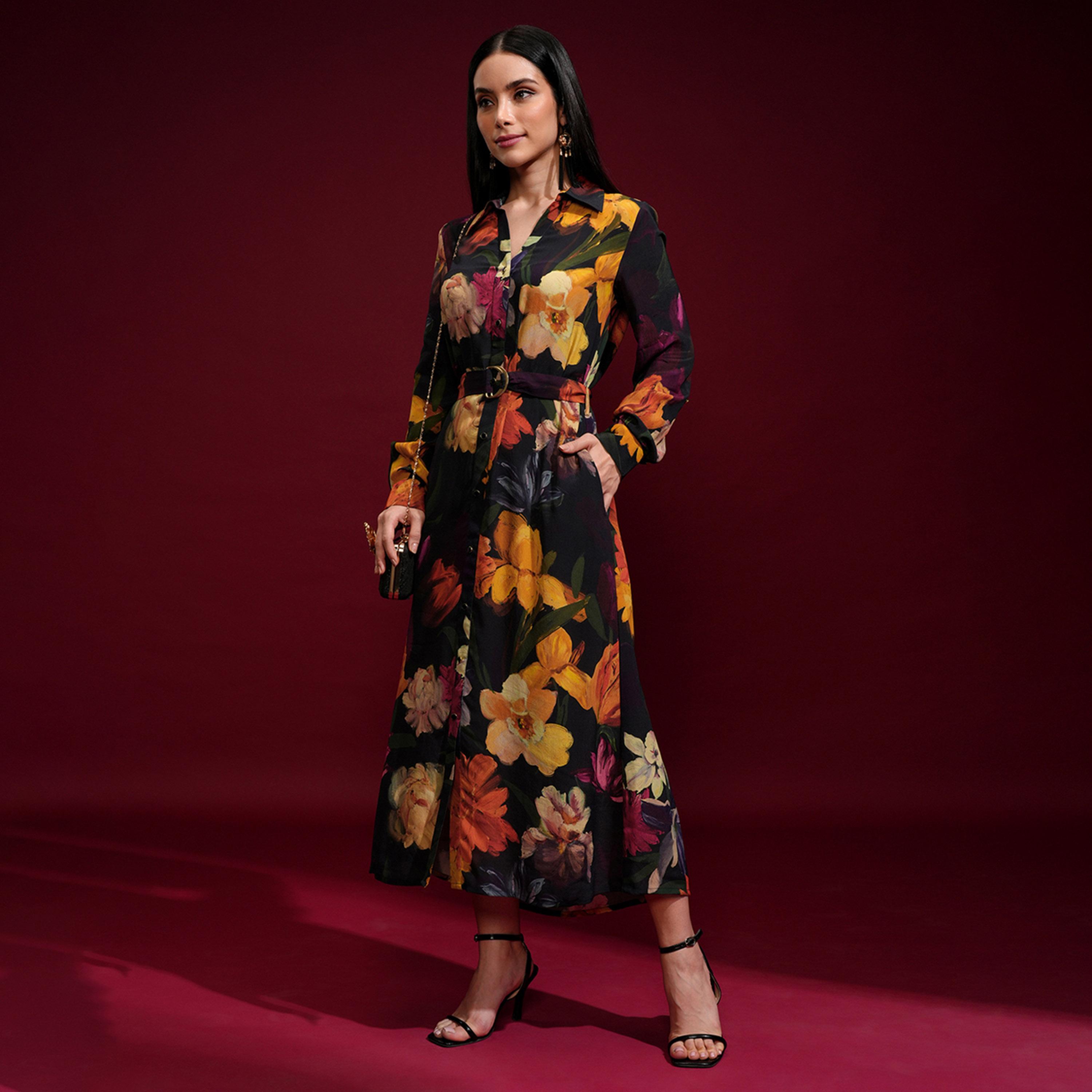 فيشود × ستايلي - فستان قميص متوسط الطول بطبعة زهور-women-clothing-dresses-image-4