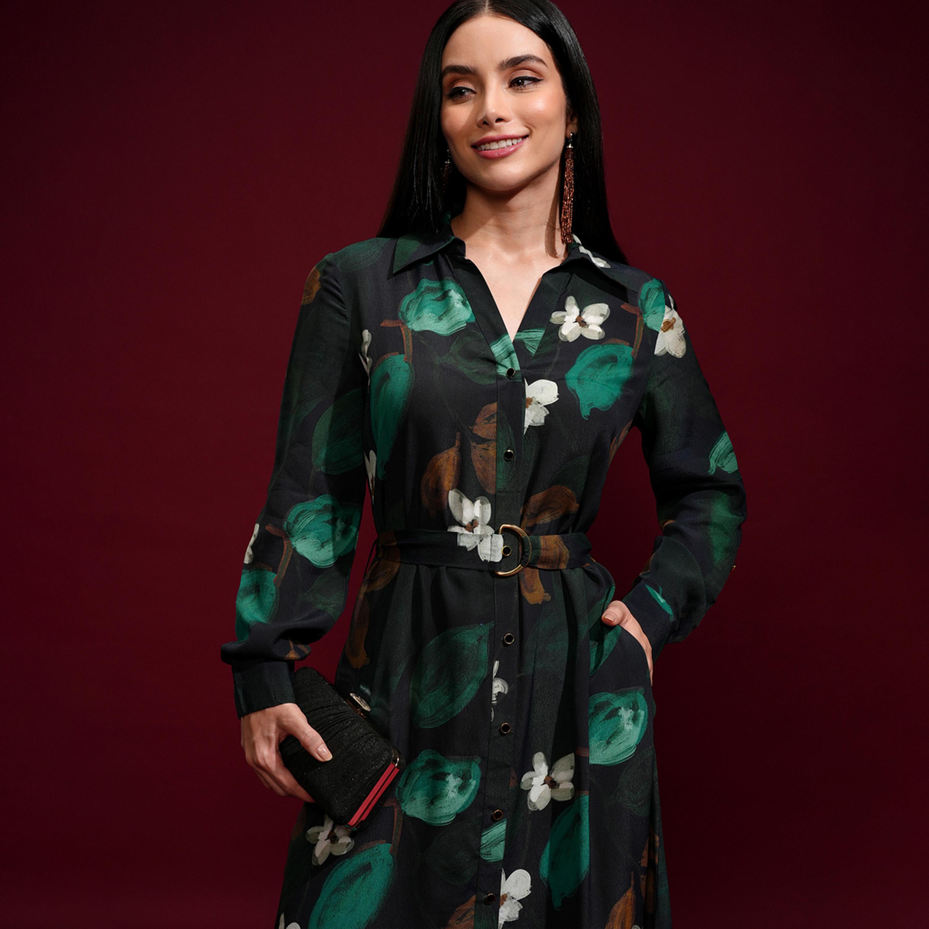 فيشود × ستايلي - فستان قميص متوسط الطول بطبعة زهور-women-clothing-dresses-image-2