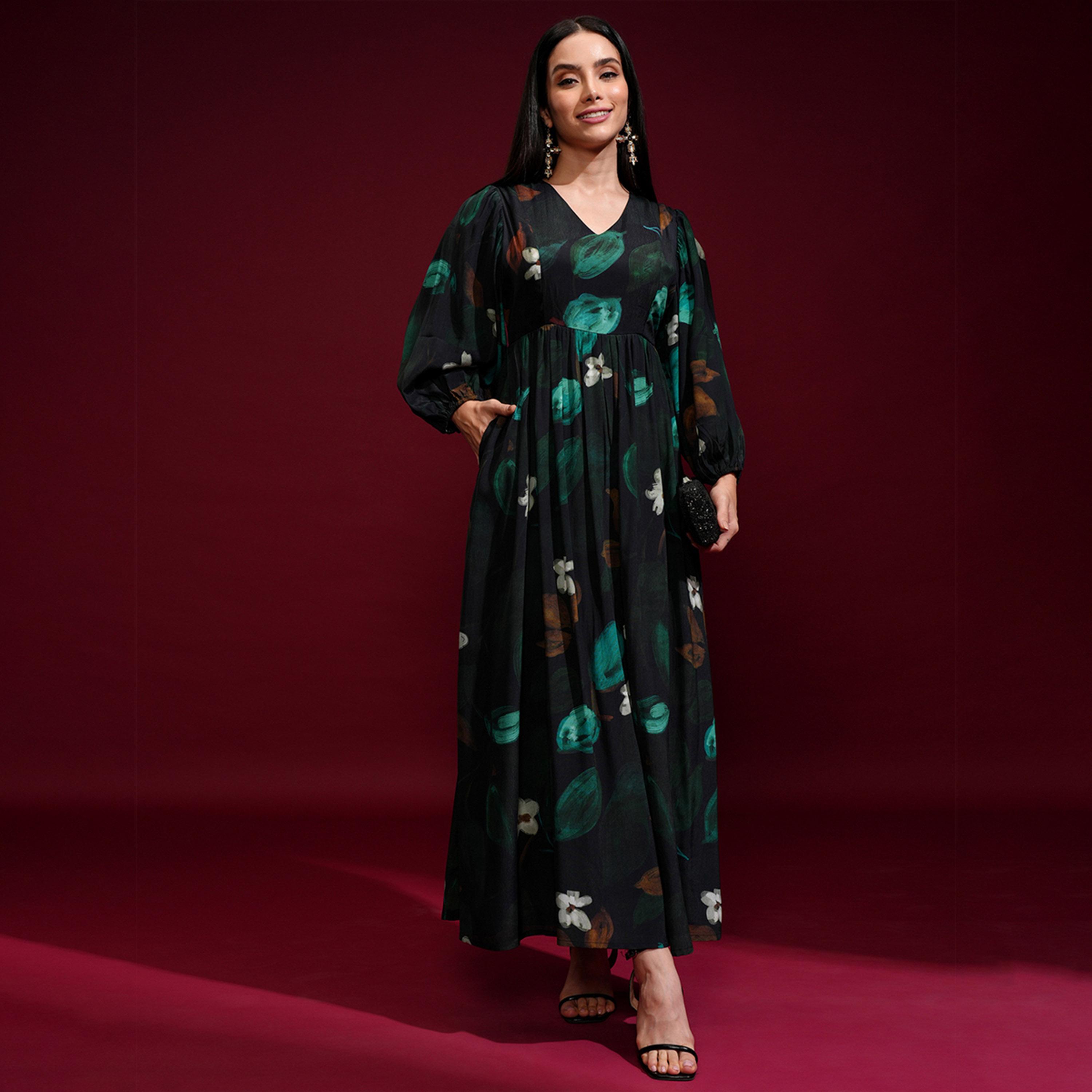 فيشود × ستايلي - فستان ماكسي نسائي بقصّة واسعة من الأسفل وطبعة زهور-women-clothing-dresses-image-1