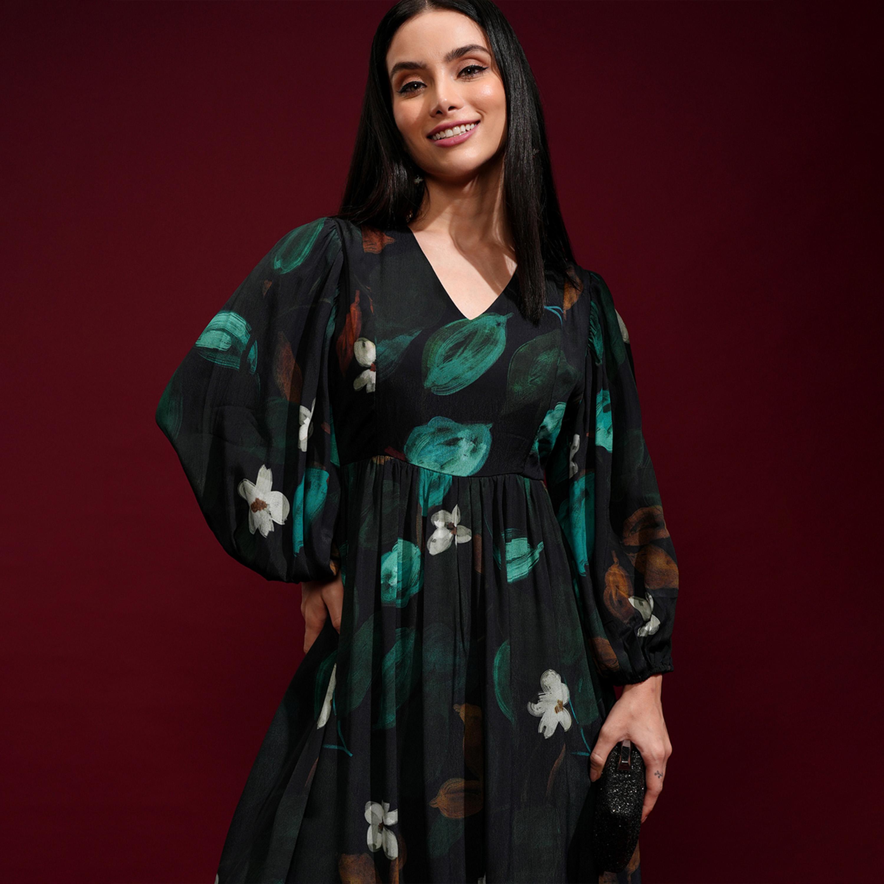 فيشود × ستايلي - فستان ماكسي نسائي بقصّة واسعة من الأسفل وطبعة زهور-women-clothing-dresses-image-2