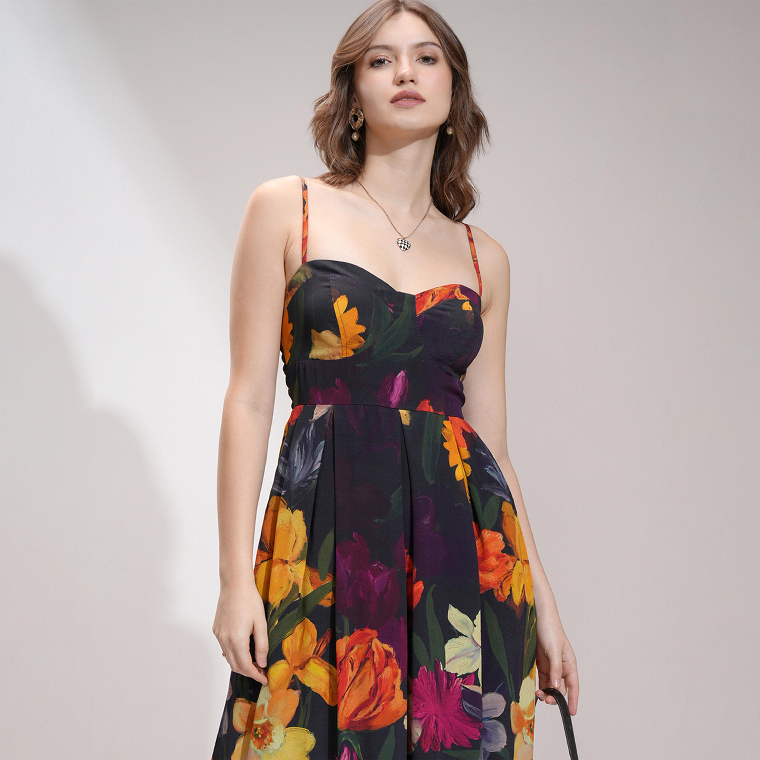 فيشود × ستايلي - فستان متوسط الطول بطبعة زهور وقصة A-women-clothing-dresses-image-2