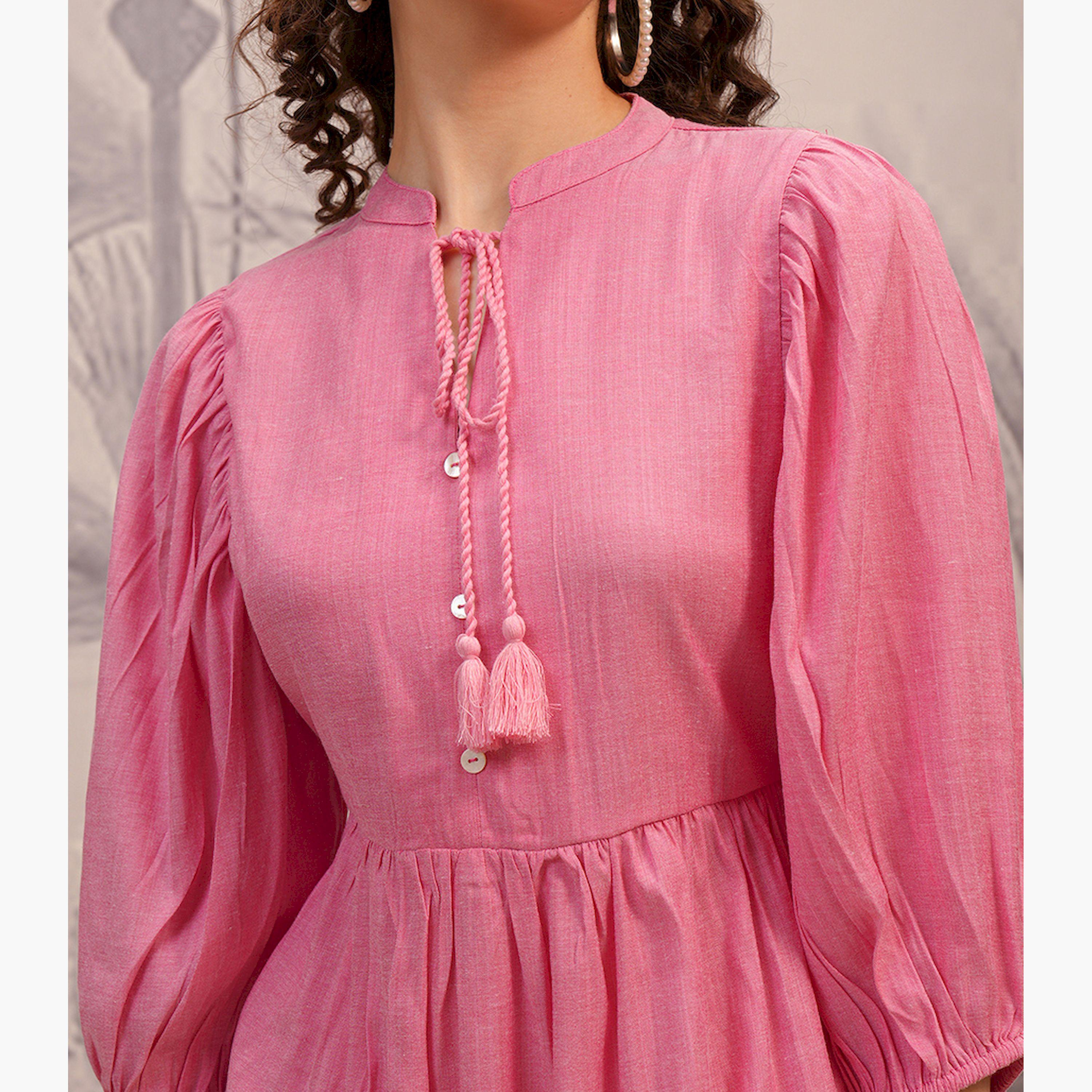 Vishudh X Styli Pink Tie-Up Neck Puff Sleeves A-Line Dress-women-clothing-dresses-image-5