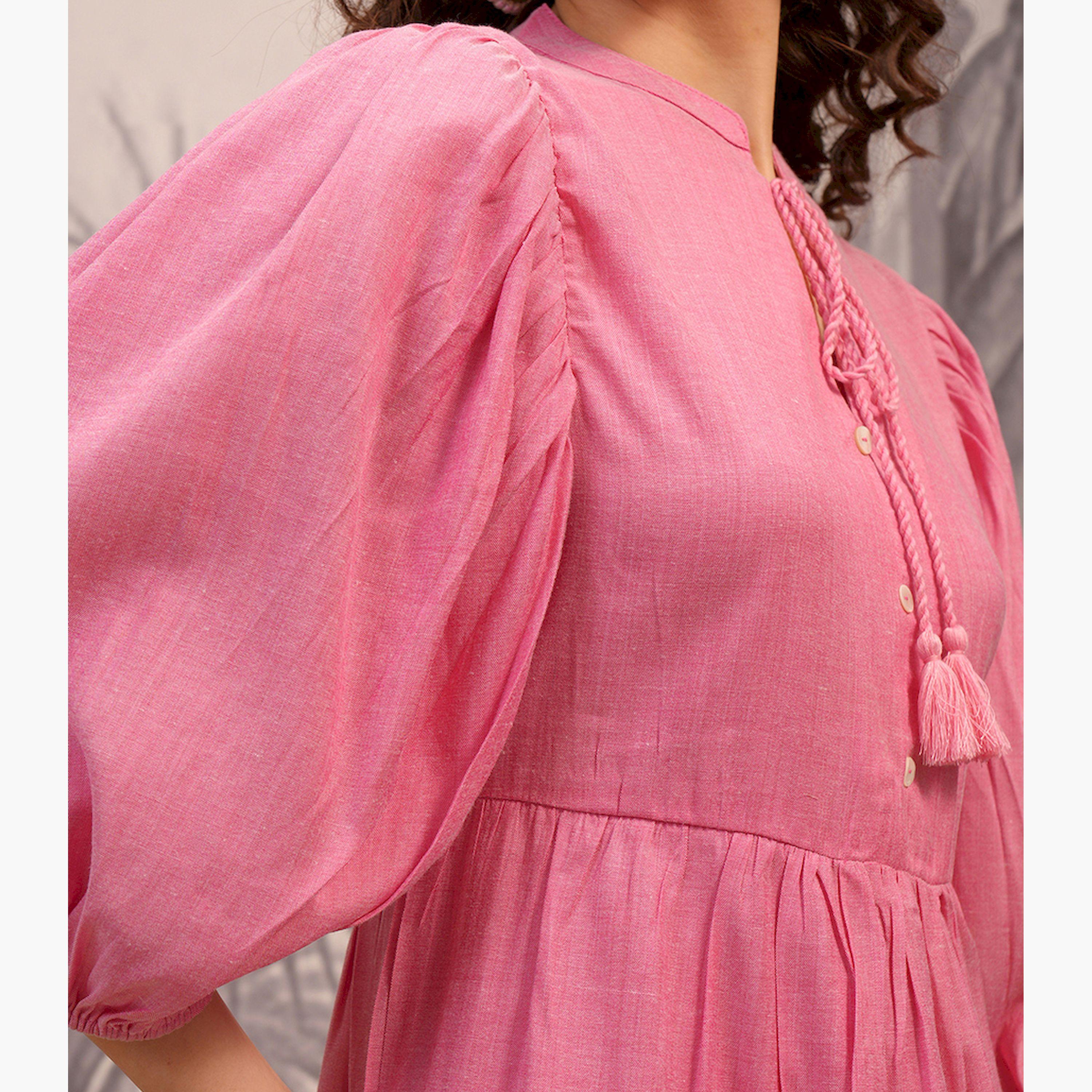 Vishudh X Styli Pink Tie-Up Neck Puff Sleeves A-Line Dress-women-clothing-dresses-image-7