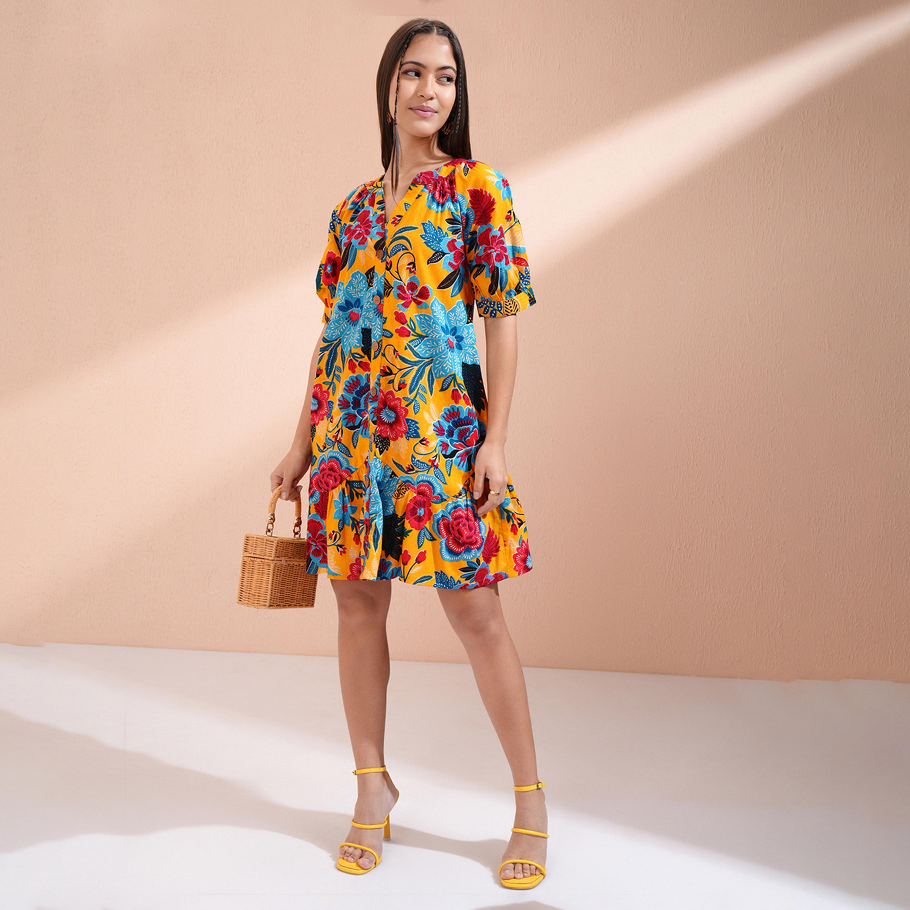 فيشود × ستايلي - فستان نسائي بطبعة زهور وفتحة رقبة V وأكمام منتفخة وقصة A-women-clothing-dresses-image-1