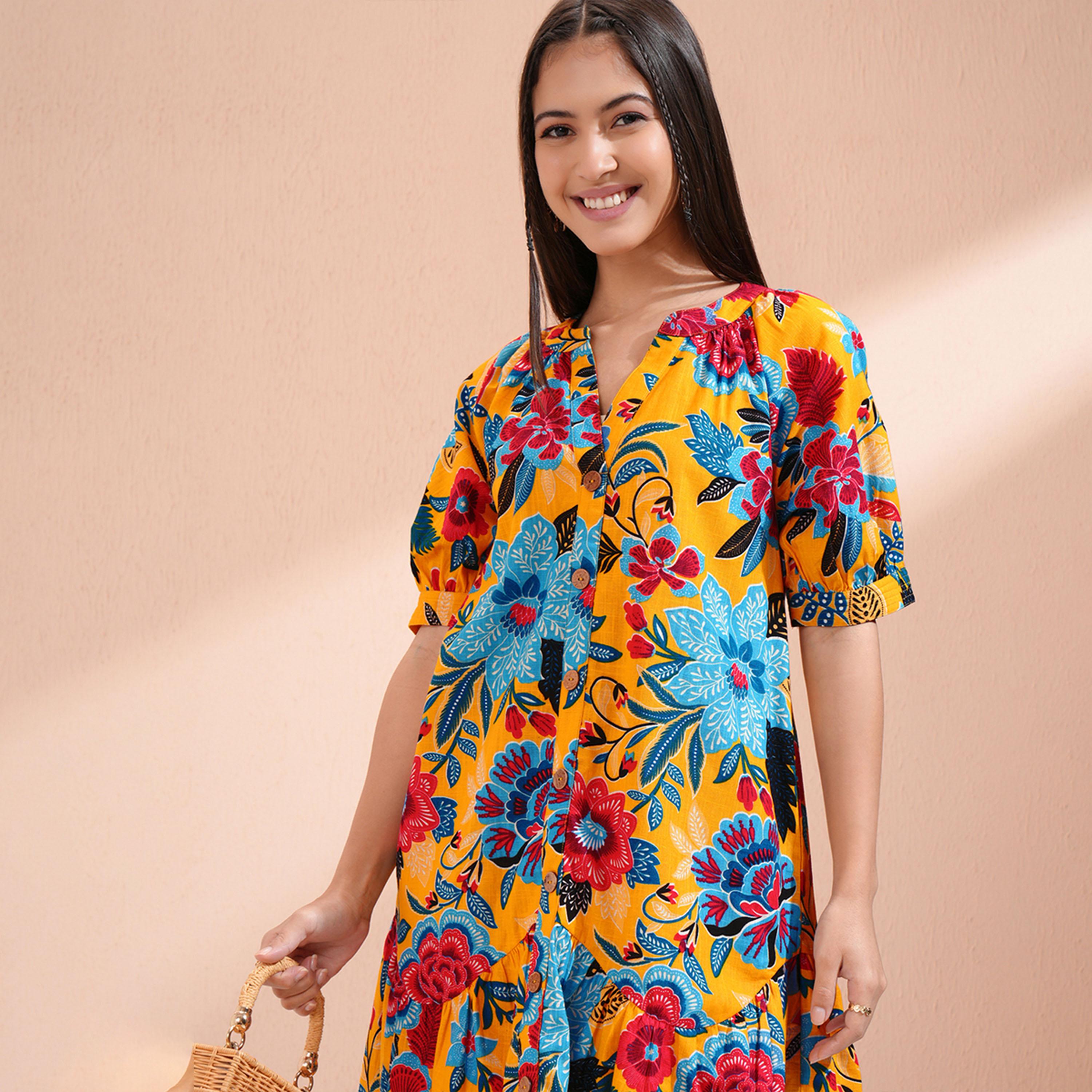 فيشود × ستايلي - فستان نسائي بطبعة زهور وفتحة رقبة V وأكمام منتفخة وقصة A-women-clothing-dresses-image-2