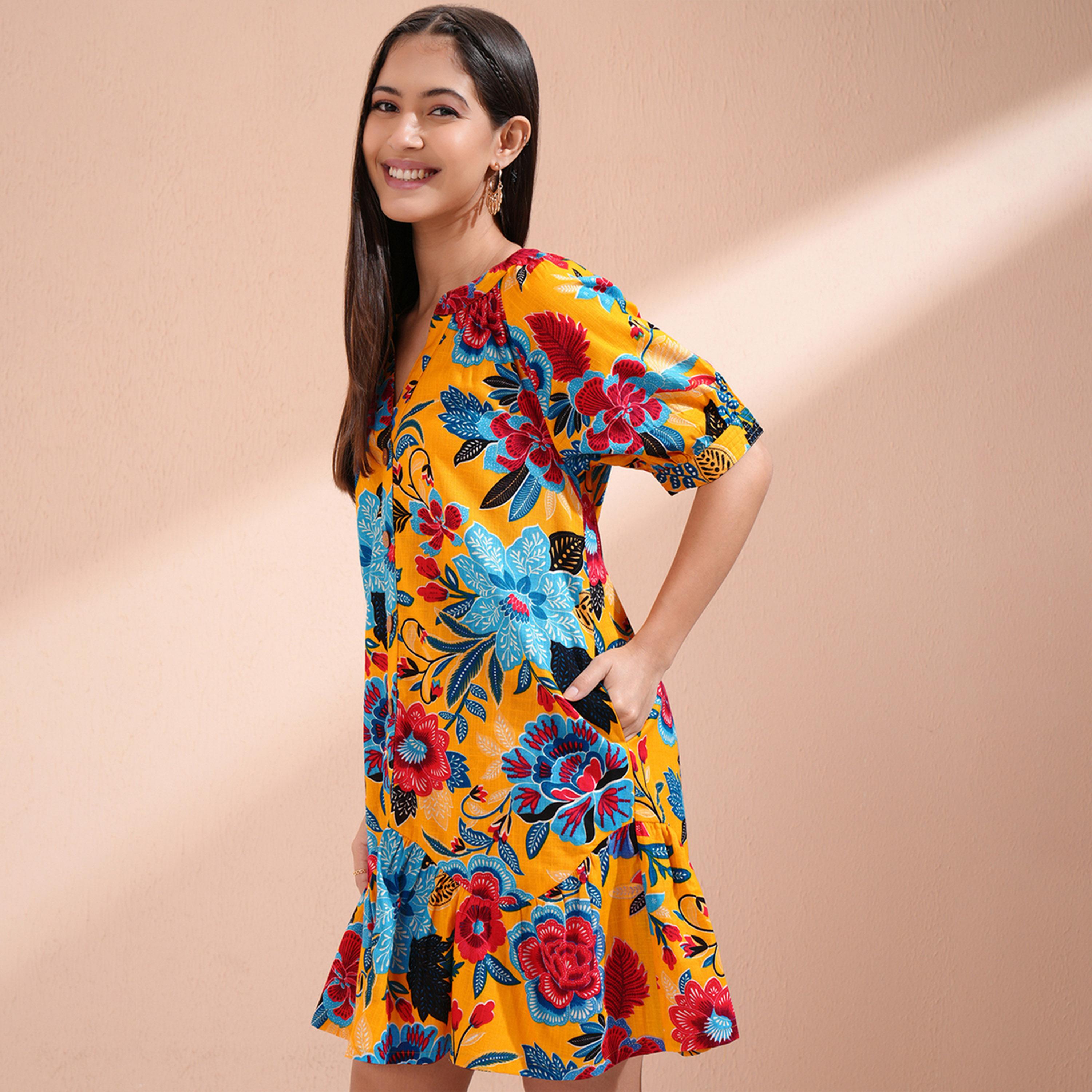 فيشود × ستايلي - فستان نسائي بطبعة زهور وفتحة رقبة V وأكمام منتفخة وقصة A-women-clothing-dresses-image-4