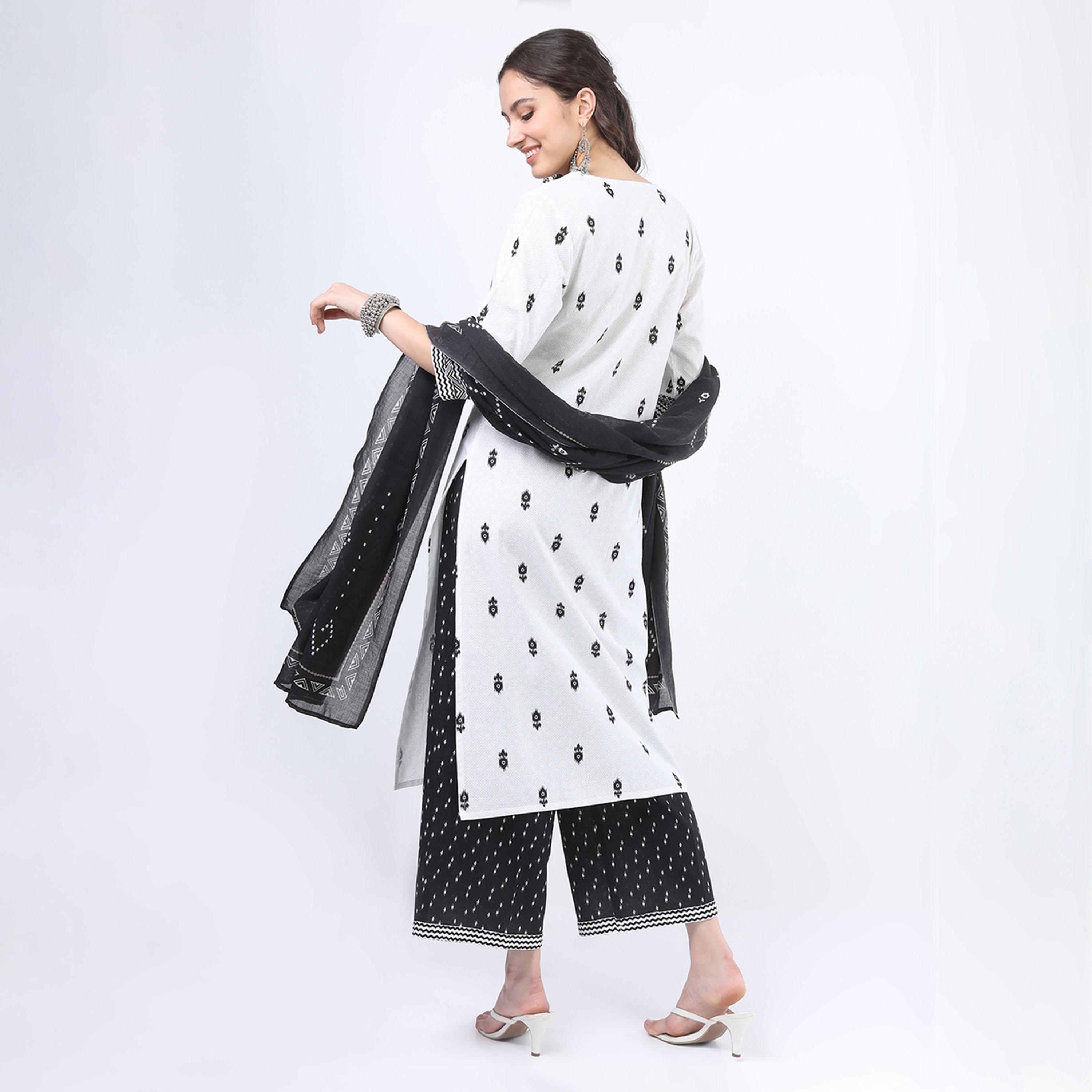Vishudh X Styli Women Off White Printed Straight Pure Cotton Kurti With Palazzos And Dupatta-women-clothing-ethnicwear-sareesets-image-3