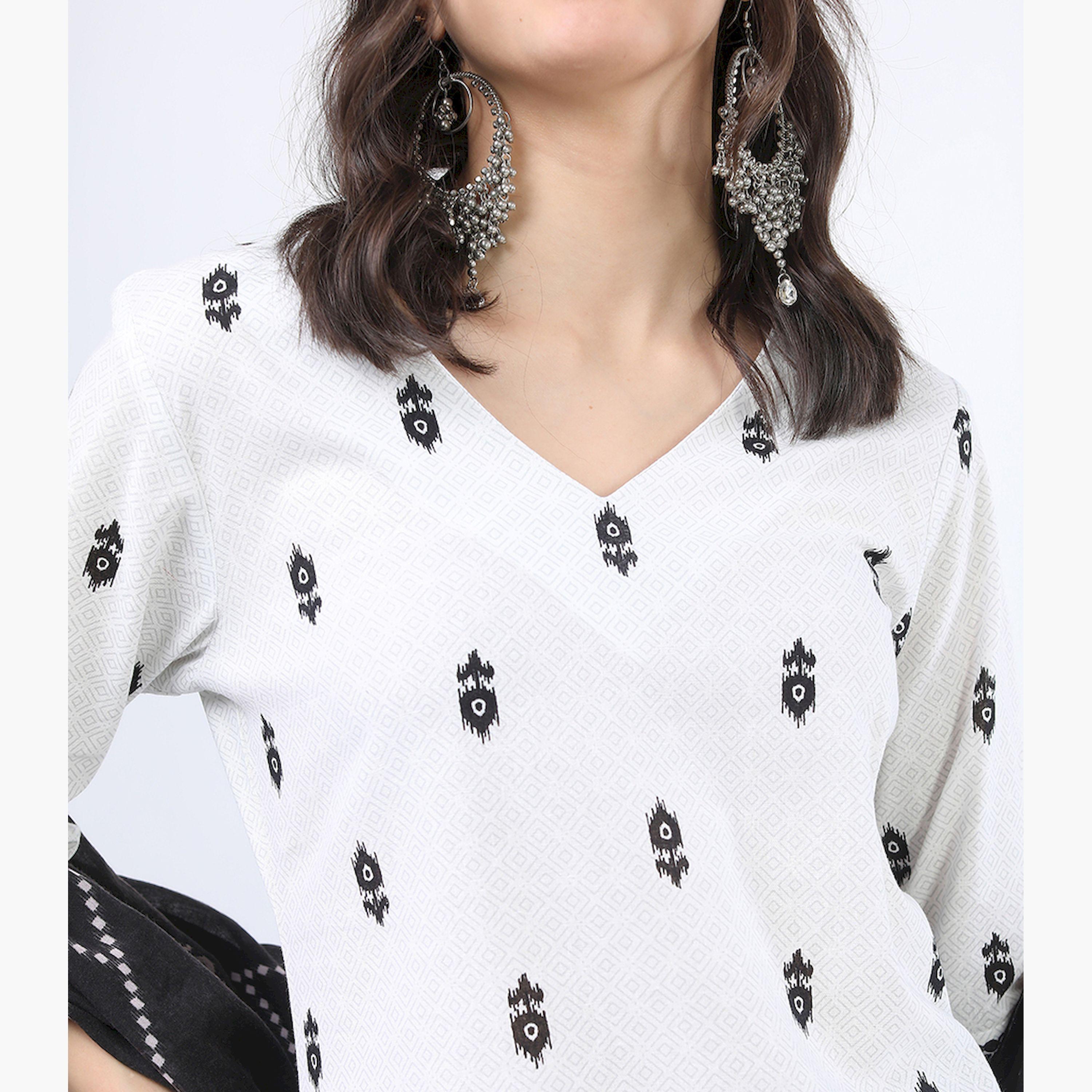 Vishudh X Styli Women Off White Printed Straight Pure Cotton Kurti With Palazzos And Dupatta-women-clothing-ethnicwear-sareesets-image-4