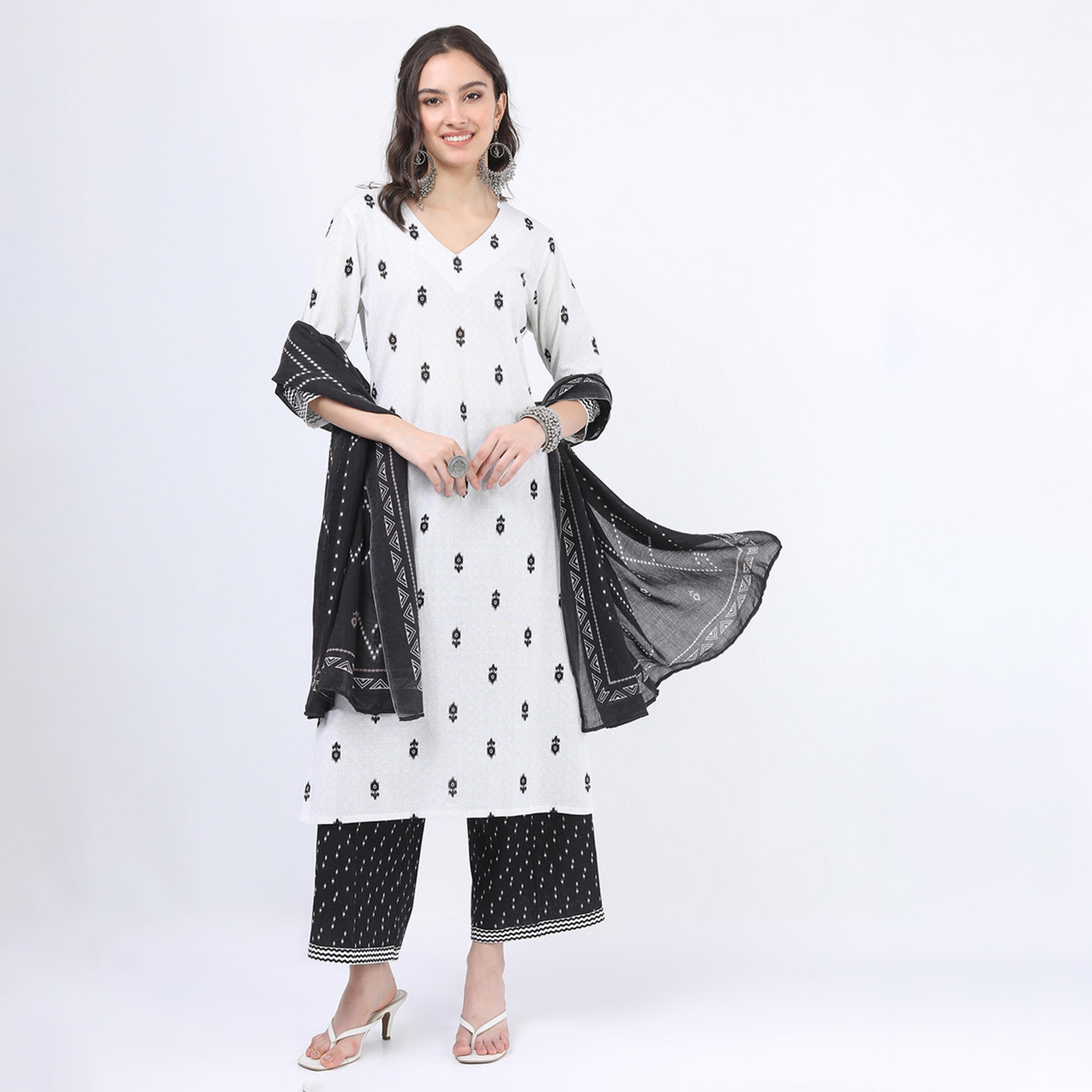 Vishudh X Styli Women Off White Printed Straight Pure Cotton Kurti With Palazzos And Dupatta-women-clothing-ethnicwear-sareesets-image-5
