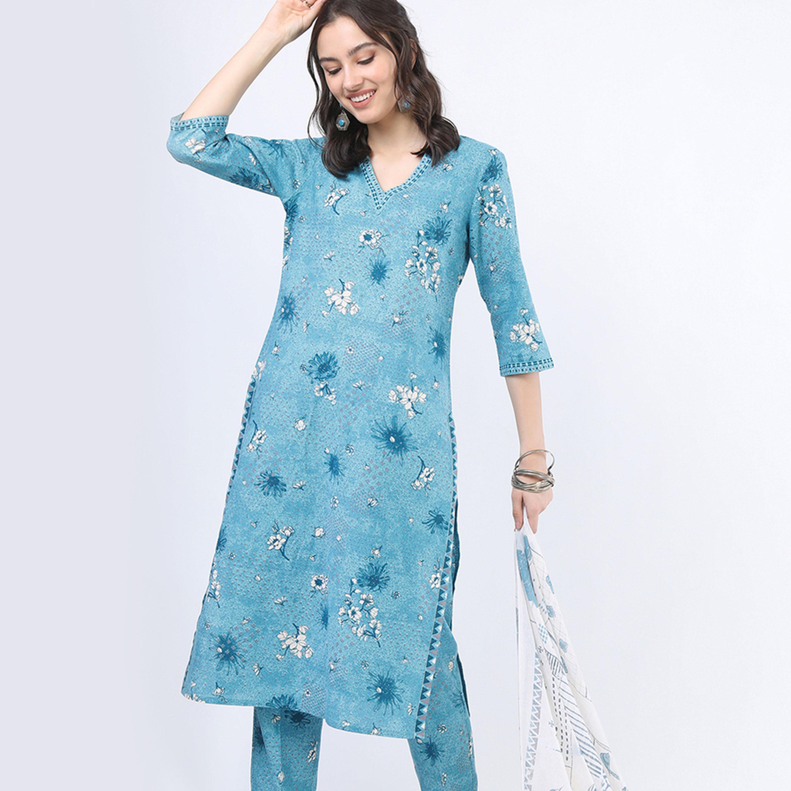فيشود × ستايلي - كورتي بطبعة زهور من القطن الخالص مع بنطال ووشاح باللون الأزرق للنساء-women-clothing-ethnicwear-sareesets-image-1