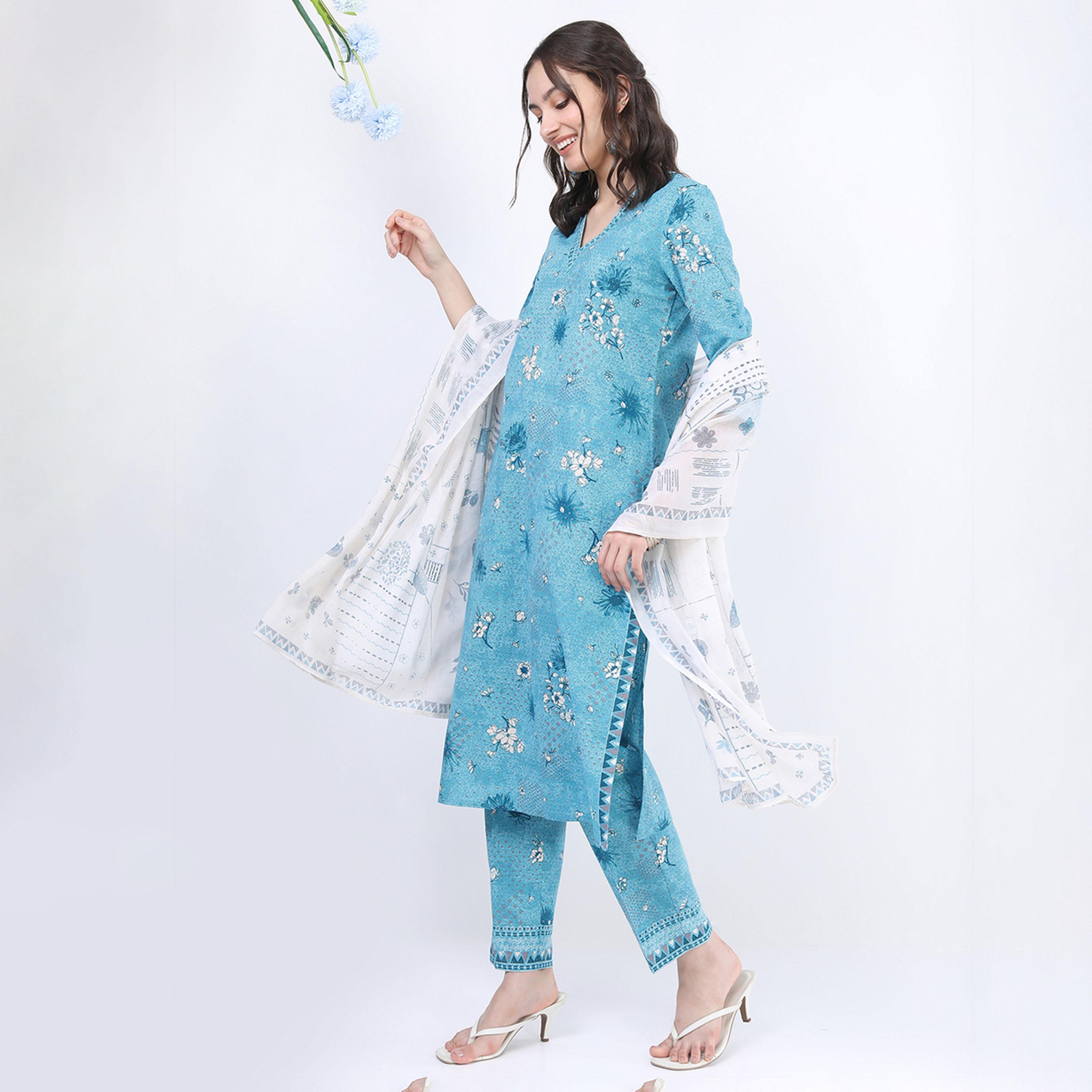 فيشود × ستايلي - كورتي بطبعة زهور من القطن الخالص مع بنطال ووشاح باللون الأزرق للنساء-women-clothing-ethnicwear-sareesets-image-2