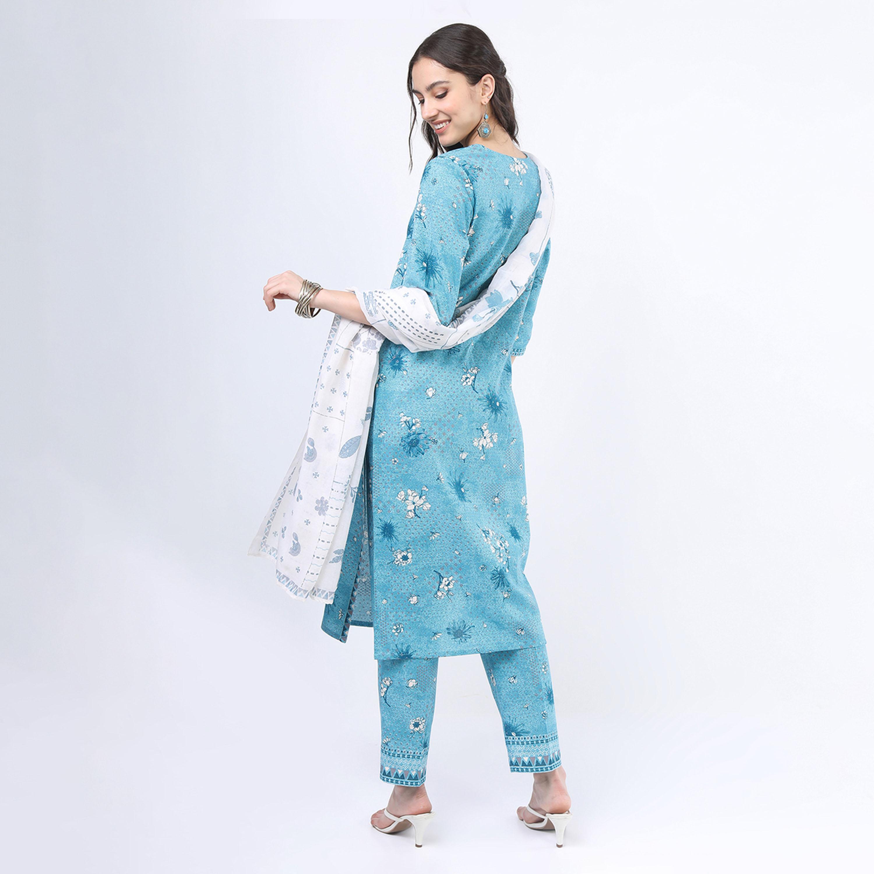 فيشود × ستايلي - كورتي بطبعة زهور من القطن الخالص مع بنطال ووشاح باللون الأزرق للنساء-women-clothing-ethnicwear-sareesets-image-3