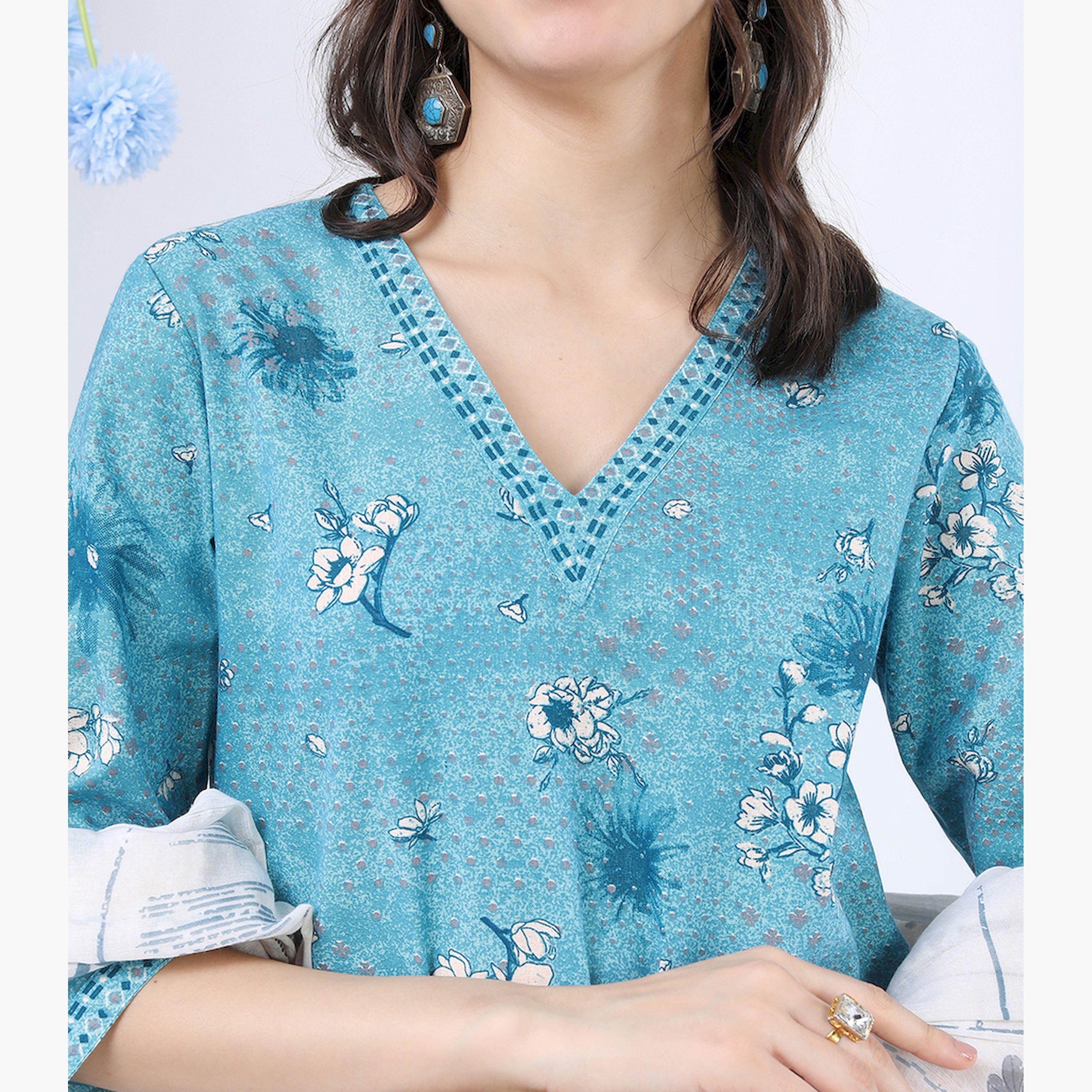فيشود × ستايلي - كورتي بطبعة زهور من القطن الخالص مع بنطال ووشاح باللون الأزرق للنساء-women-clothing-ethnicwear-sareesets-image-4
