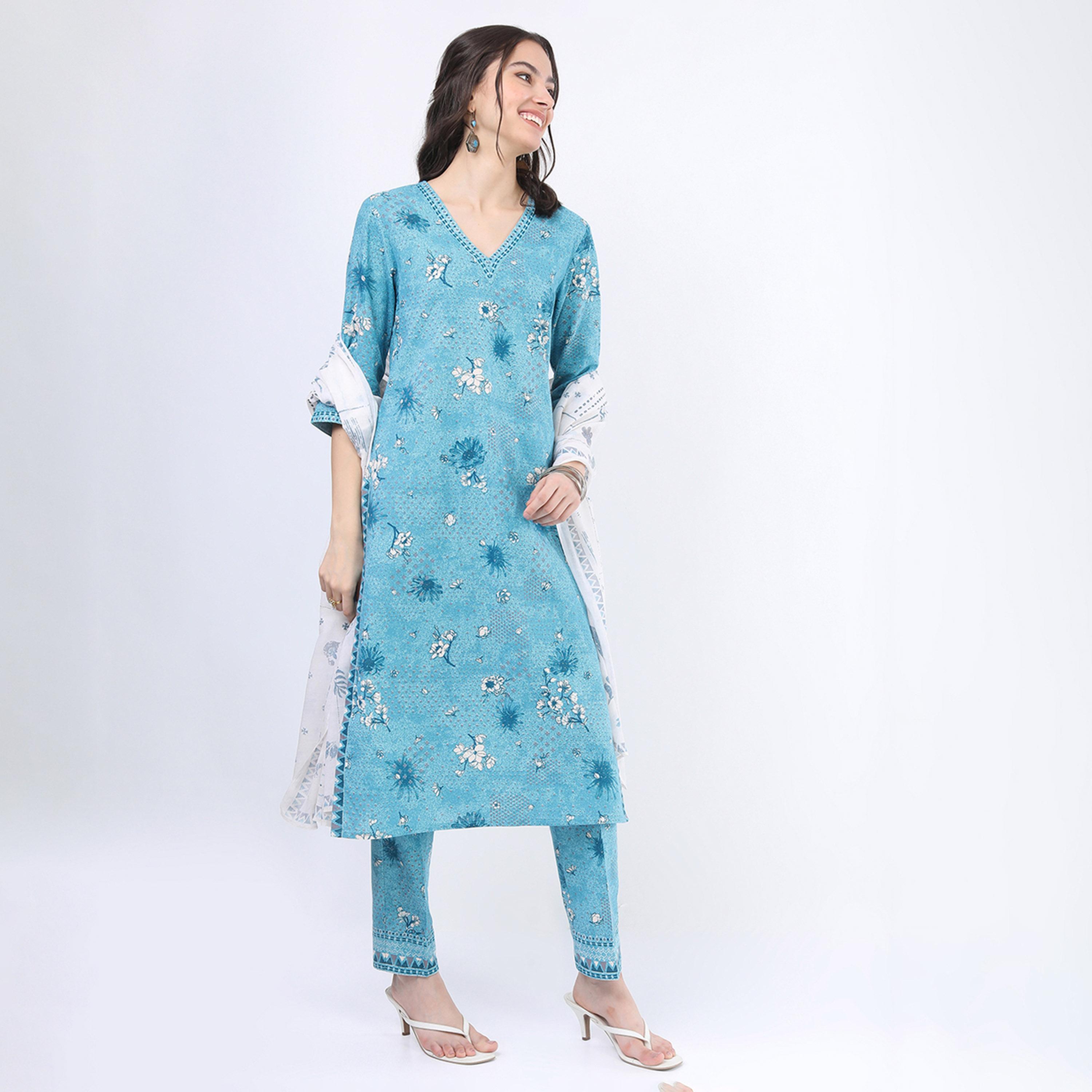 فيشود × ستايلي - كورتي بطبعة زهور من القطن الخالص مع بنطال ووشاح باللون الأزرق للنساء-women-clothing-ethnicwear-sareesets-image-5