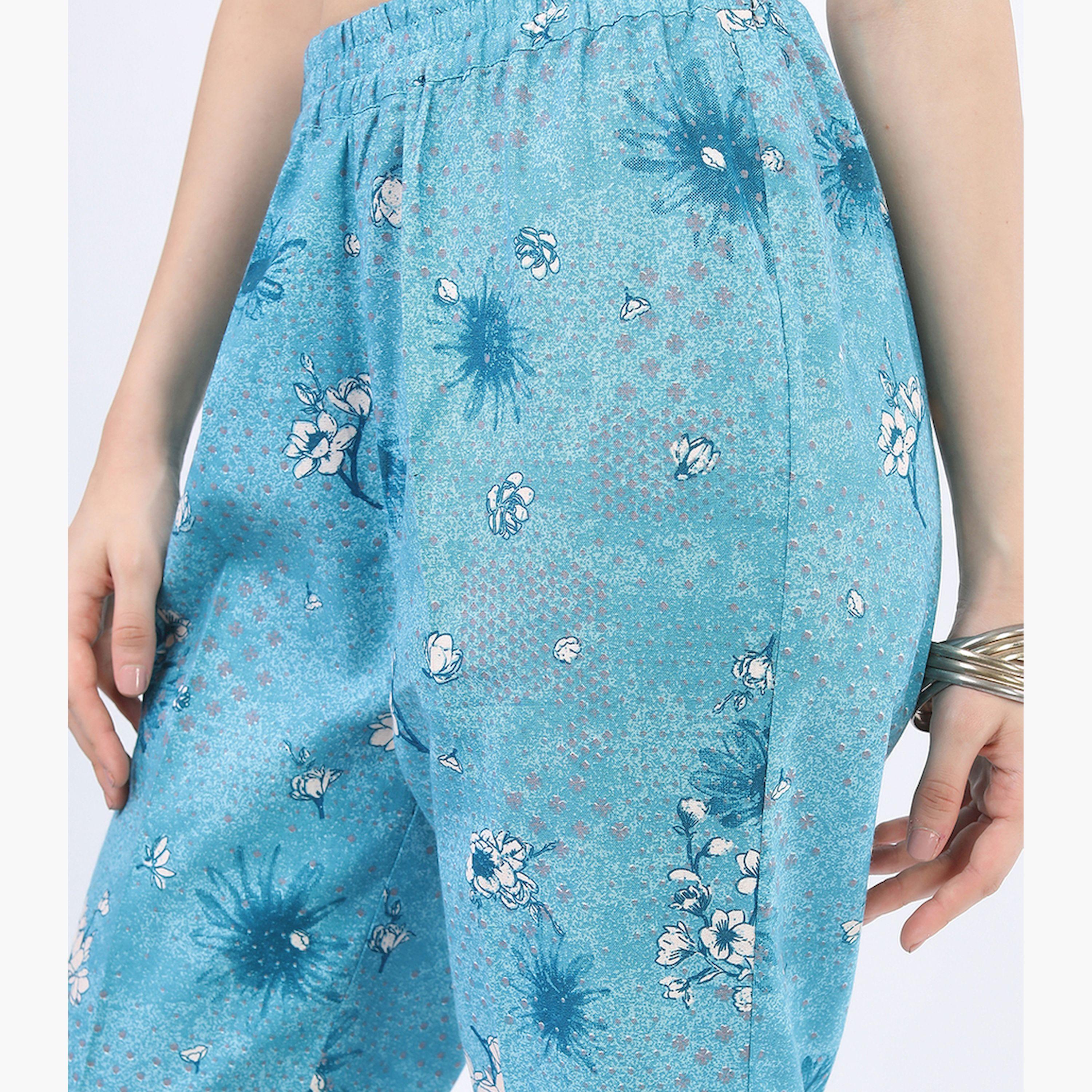 فيشود × ستايلي - كورتي بطبعة زهور من القطن الخالص مع بنطال ووشاح باللون الأزرق للنساء-women-clothing-ethnicwear-sareesets-image-6