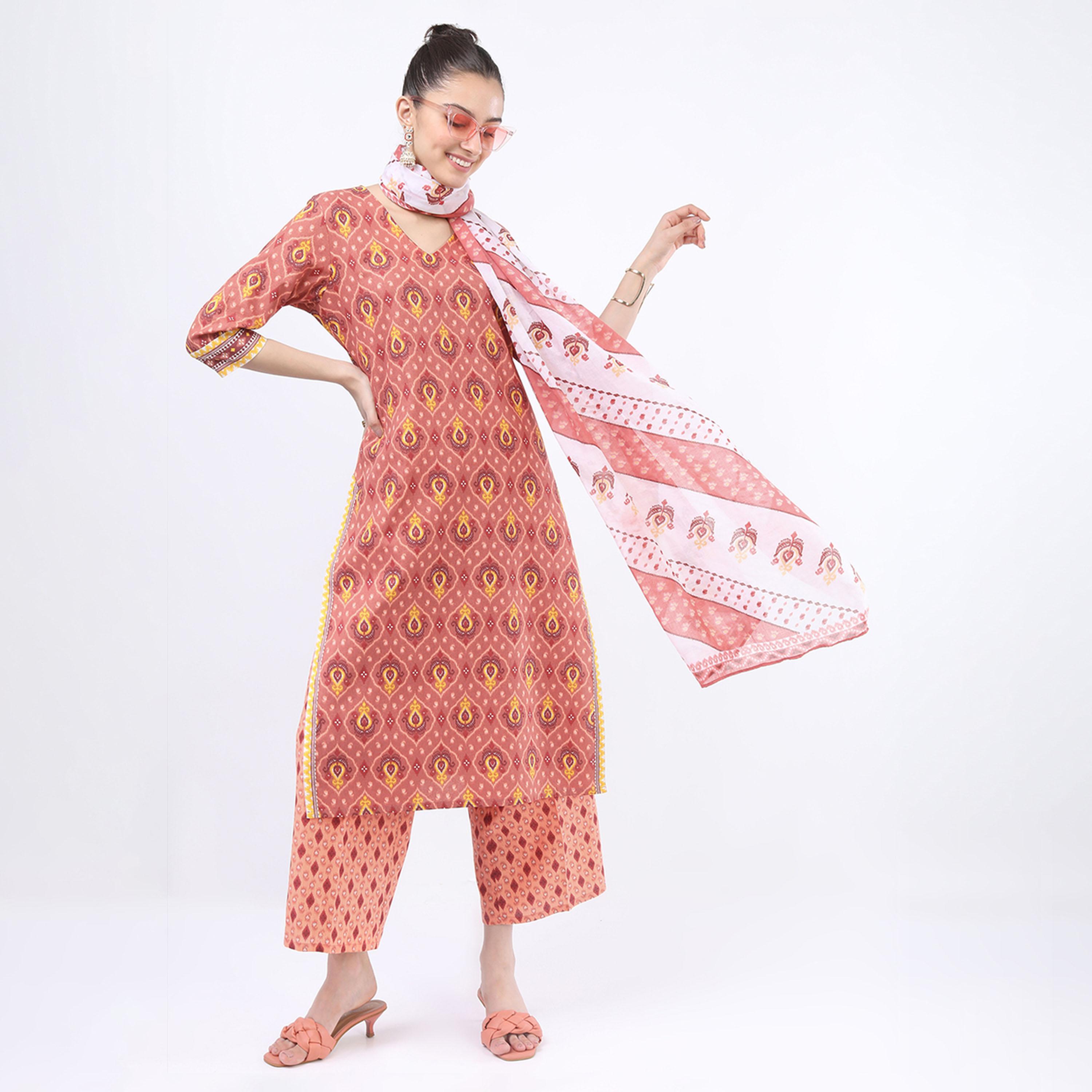 فيشود × ستايلي - كورتا نسائية من القطن الخالص بنقشات عرقية مع بنطال ووشاح - لون الصدأ-women-clothing-ethnicwear-sareesets-image-1