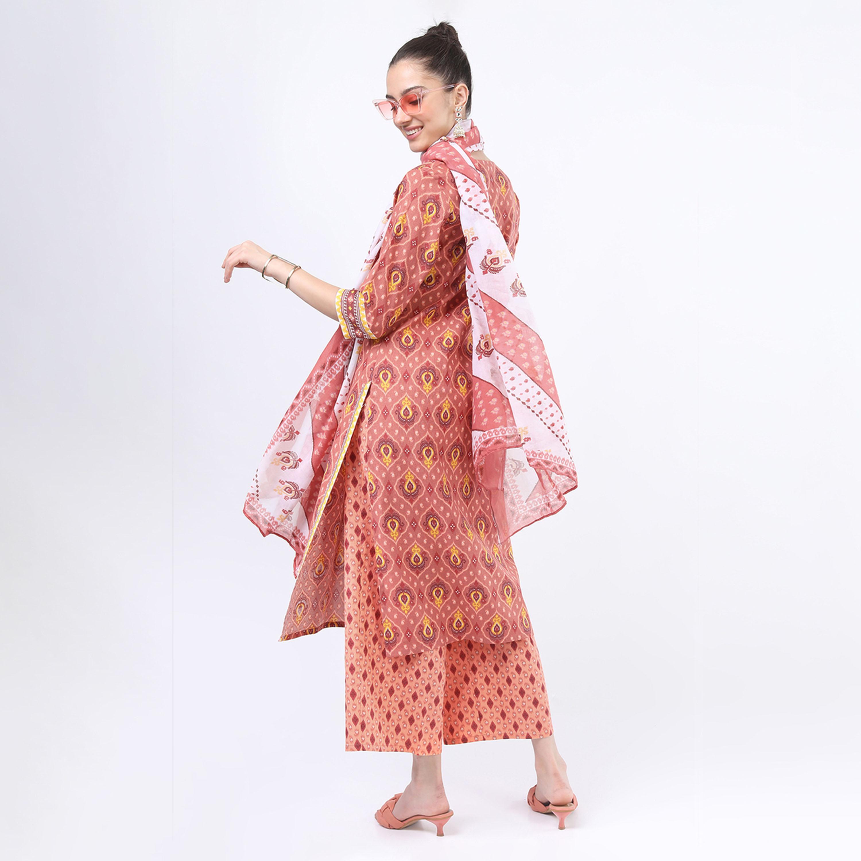 فيشود × ستايلي - كورتا نسائية من القطن الخالص بنقشات عرقية مع بنطال ووشاح - لون الصدأ-women-clothing-ethnicwear-sareesets-image-3