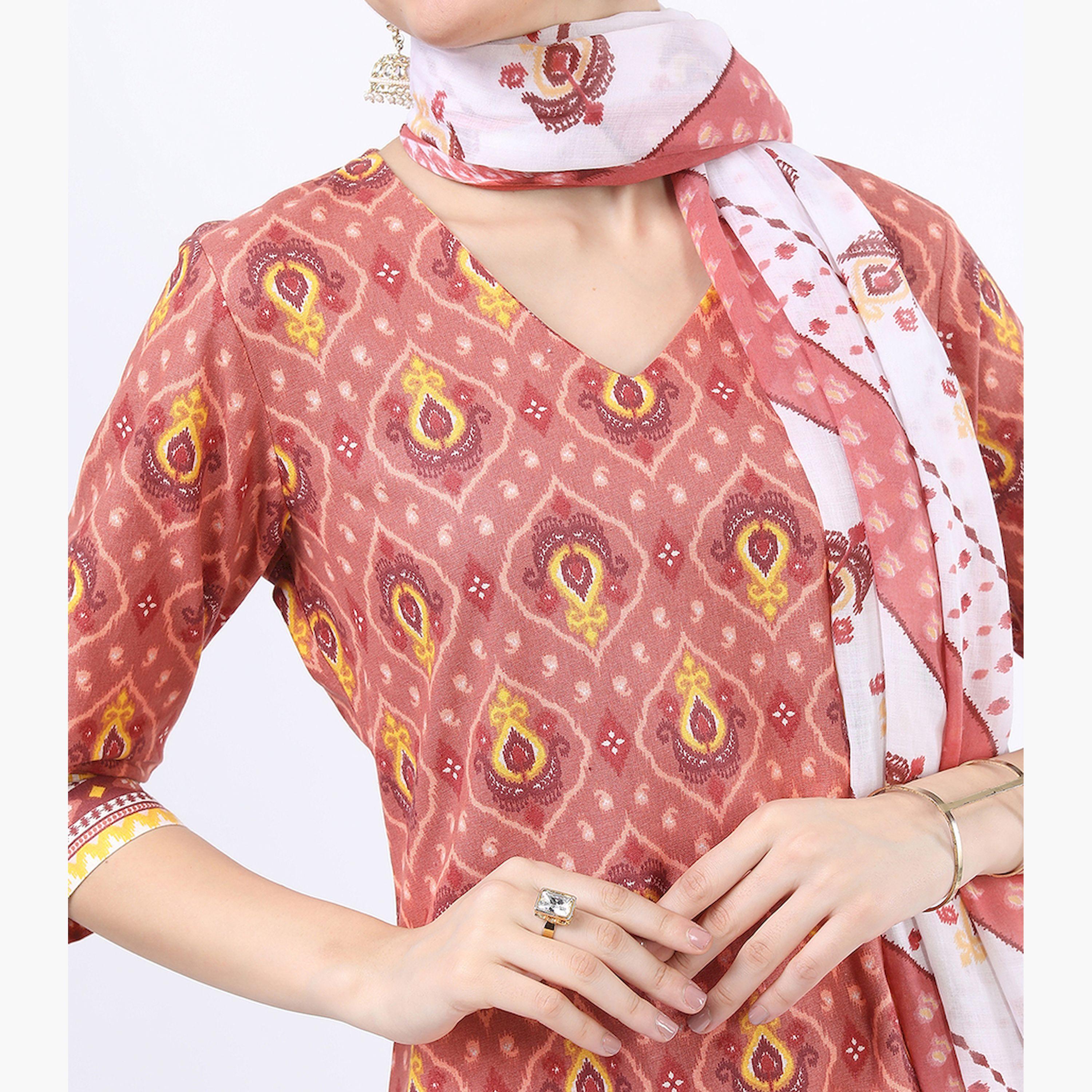 فيشود × ستايلي - كورتا نسائية من القطن الخالص بنقشات عرقية مع بنطال ووشاح - لون الصدأ-women-clothing-ethnicwear-sareesets-image-4