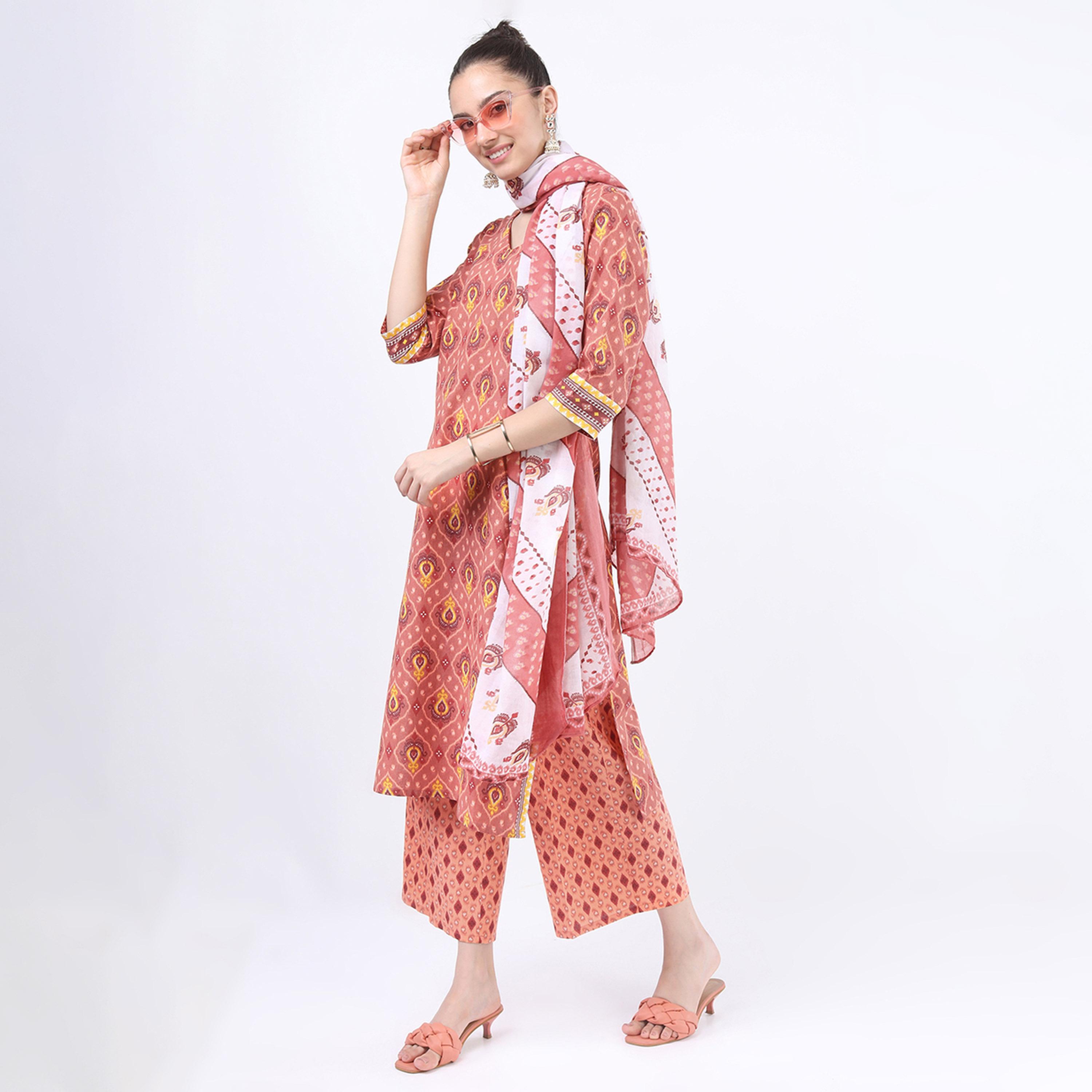 فيشود × ستايلي - كورتا نسائية من القطن الخالص بنقشات عرقية مع بنطال ووشاح - لون الصدأ-women-clothing-ethnicwear-sareesets-image-5