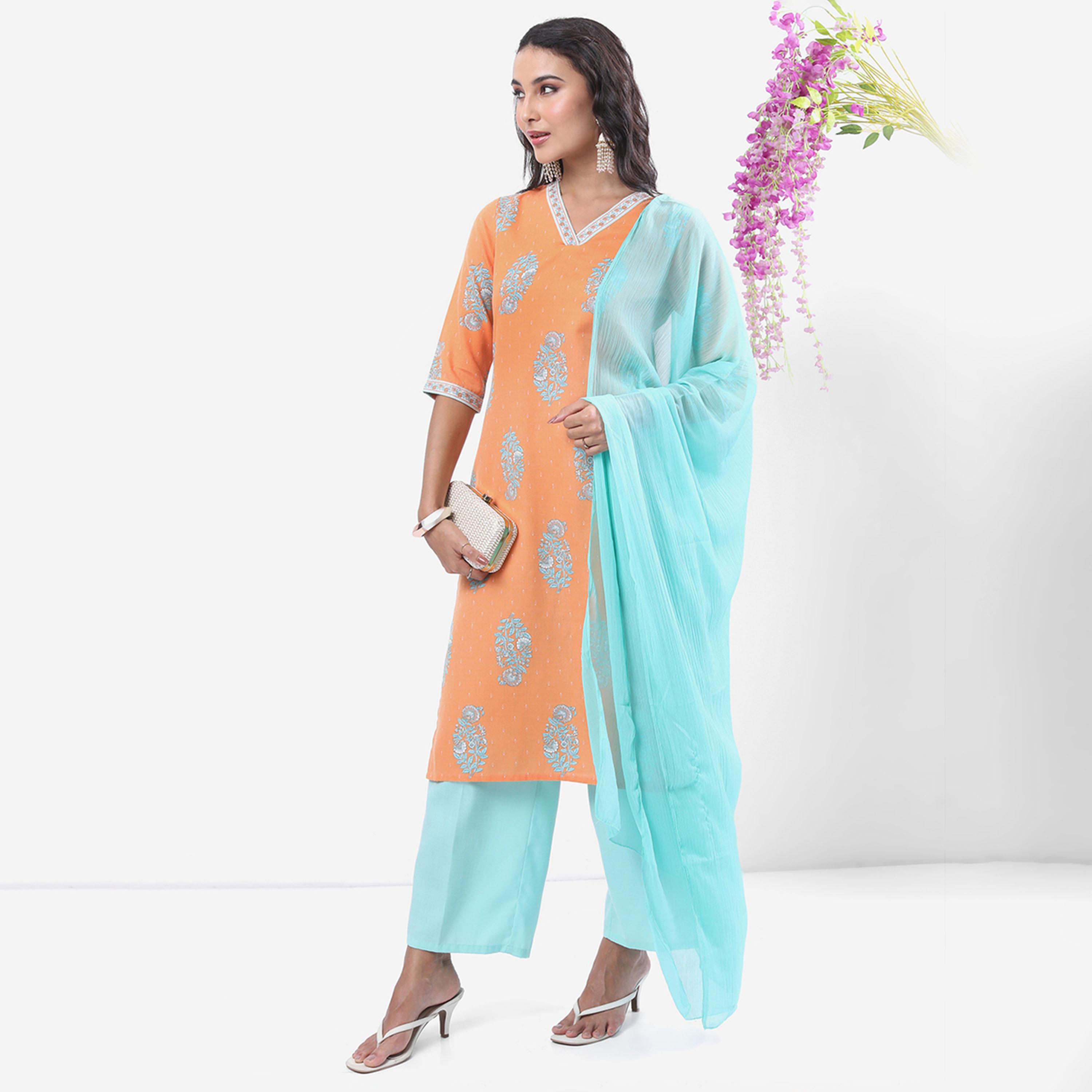 Vishudh X Styli Peach & Blue Ethnic Motifs Printed Kurta With Palazzos & Dupatta-women-clothing-ethnicwear-sareesets-image-1