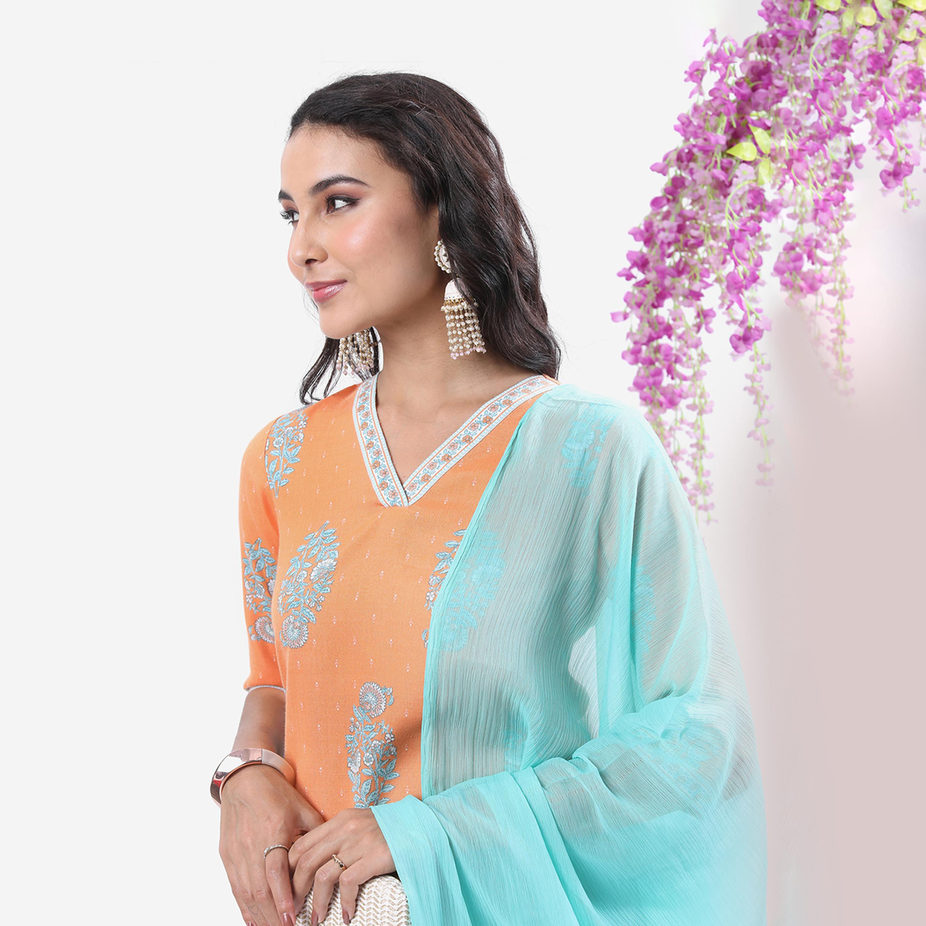Vishudh X Styli Peach & Blue Ethnic Motifs Printed Kurta With Palazzos & Dupatta-women-clothing-ethnicwear-sareesets-image-2