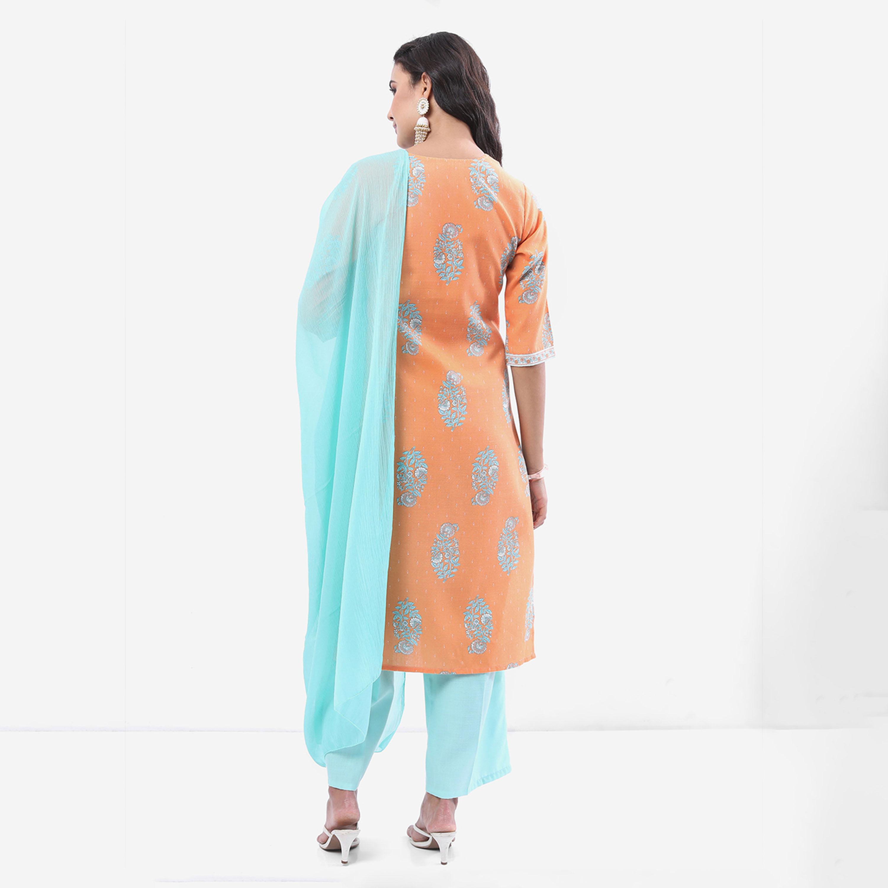 فيشود × ستايلي - كورتا مطبوعة بنقشات عرقية مع بنطال بالازو ووشاح دوباتا - خوخي وأزرق-women-clothing-ethnicwear-sareesets-image-3