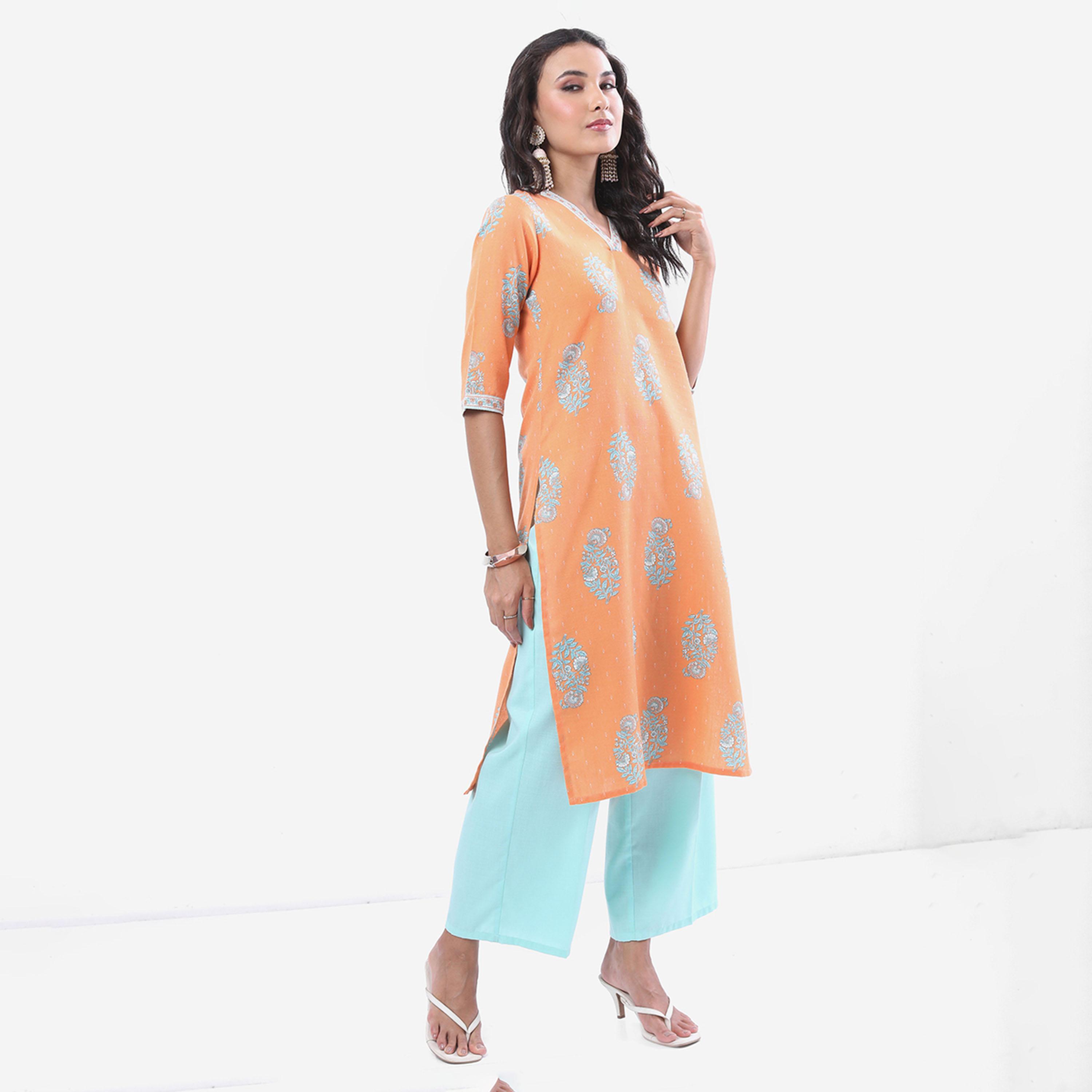 Vishudh X Styli Peach & Blue Ethnic Motifs Printed Kurta With Palazzos & Dupatta-women-clothing-ethnicwear-sareesets-image-4
