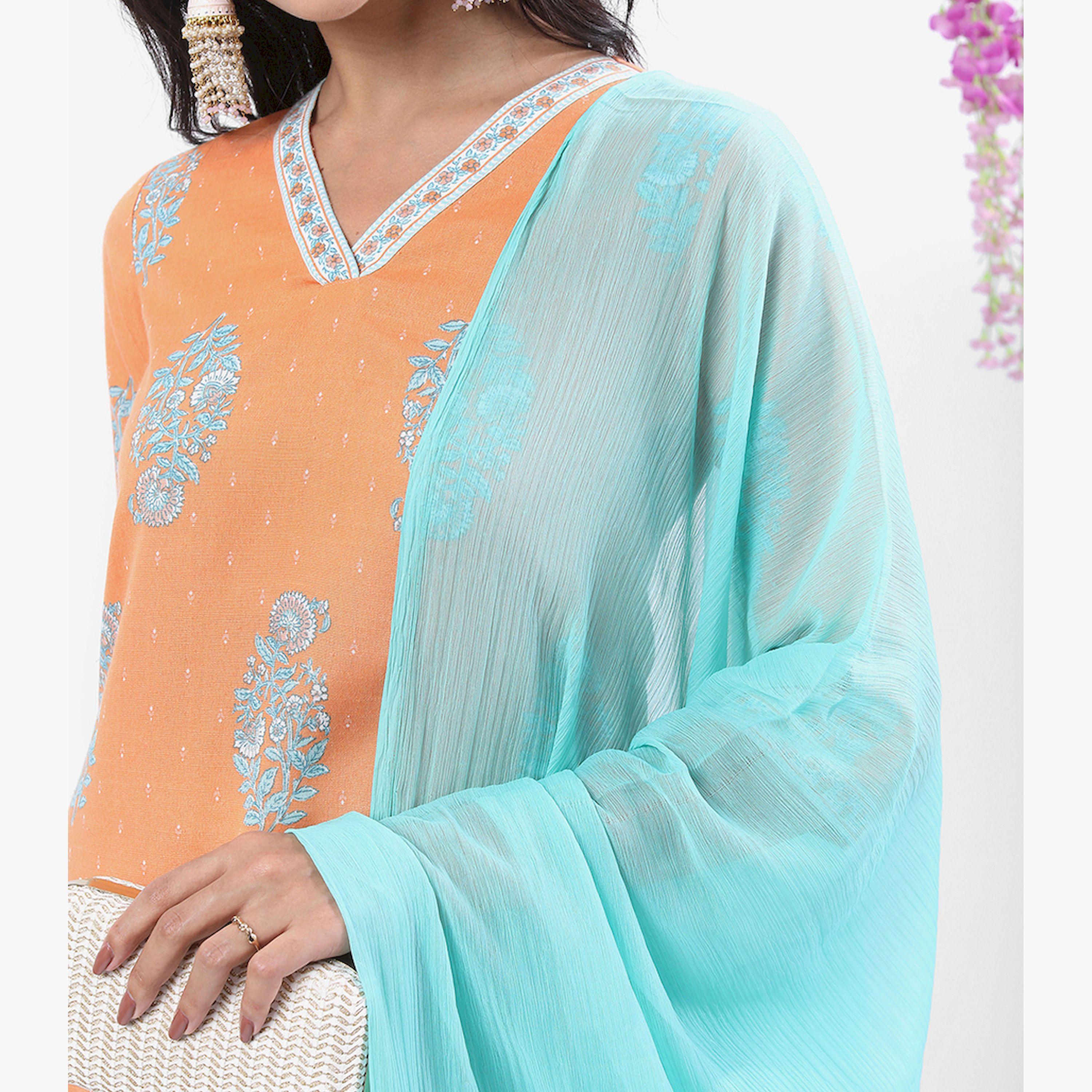 Vishudh X Styli Peach & Blue Ethnic Motifs Printed Kurta With Palazzos & Dupatta-women-clothing-ethnicwear-sareesets-image-5