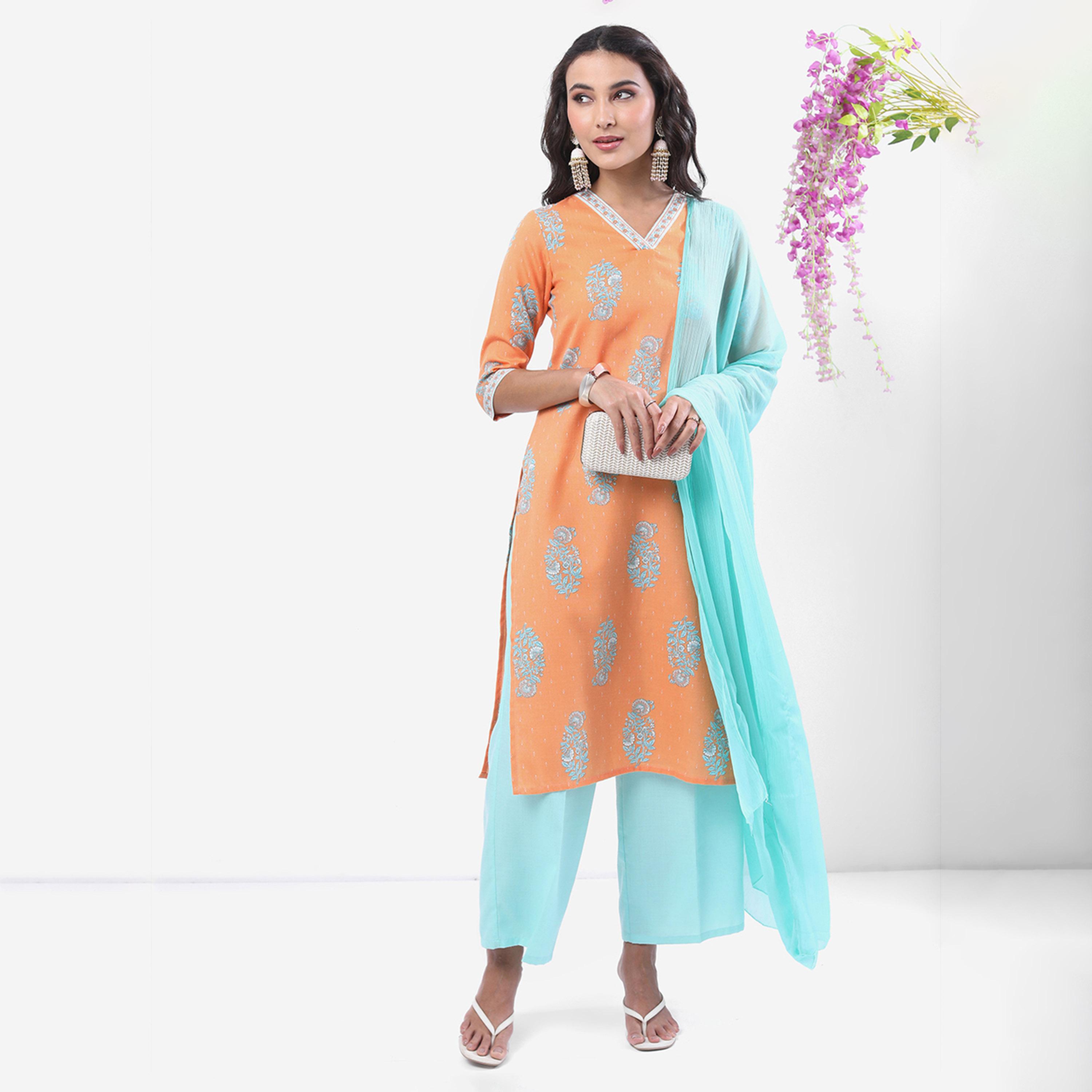 Vishudh X Styli Peach & Blue Ethnic Motifs Printed Kurta With Palazzos & Dupatta-women-clothing-ethnicwear-sareesets-image-8