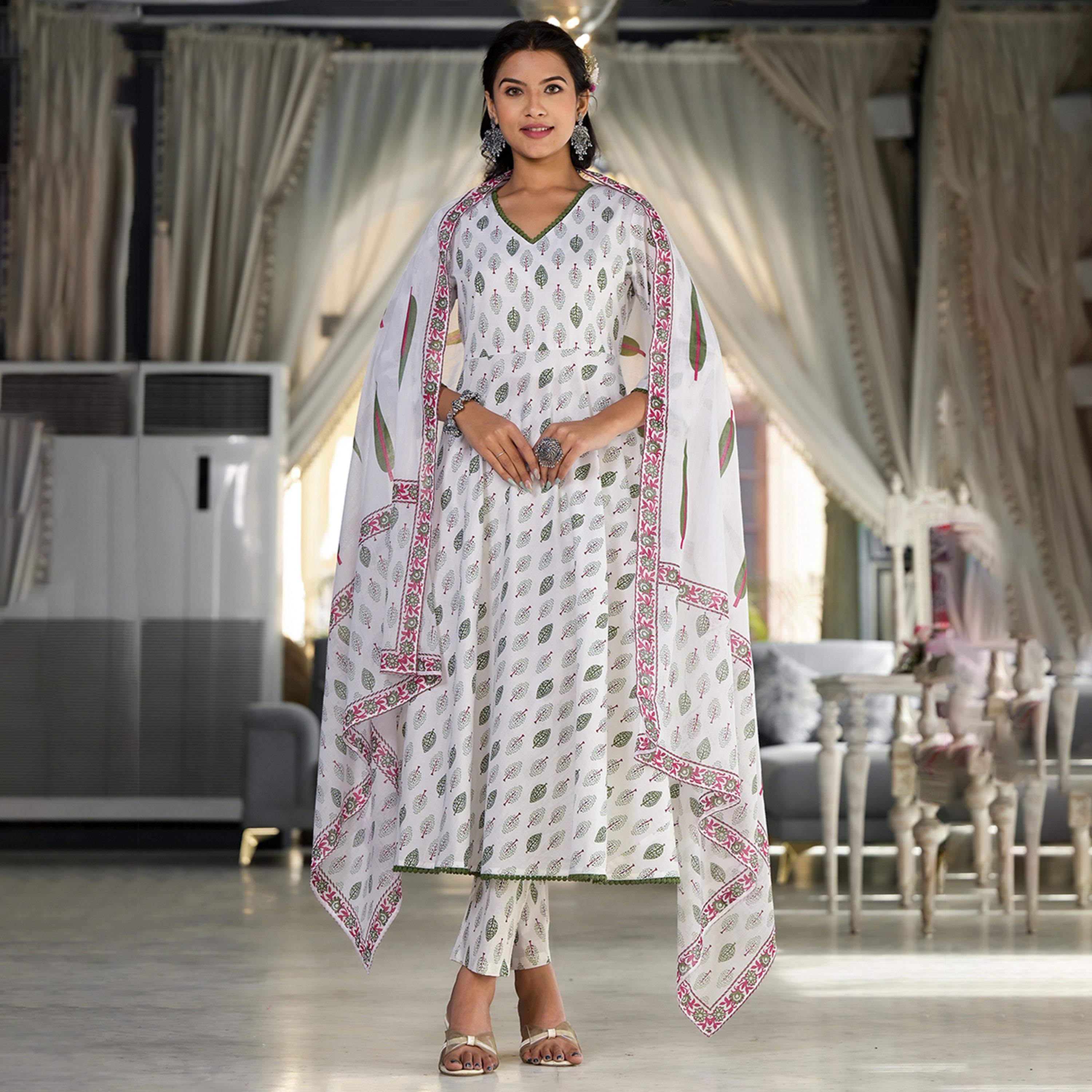 Vishudh X Styli White Ethnic Motifs Printed Regular Pure Cotton Kurta with Trousers & Dupatta-women-clothing-ethnicwear-sareesets-image-1