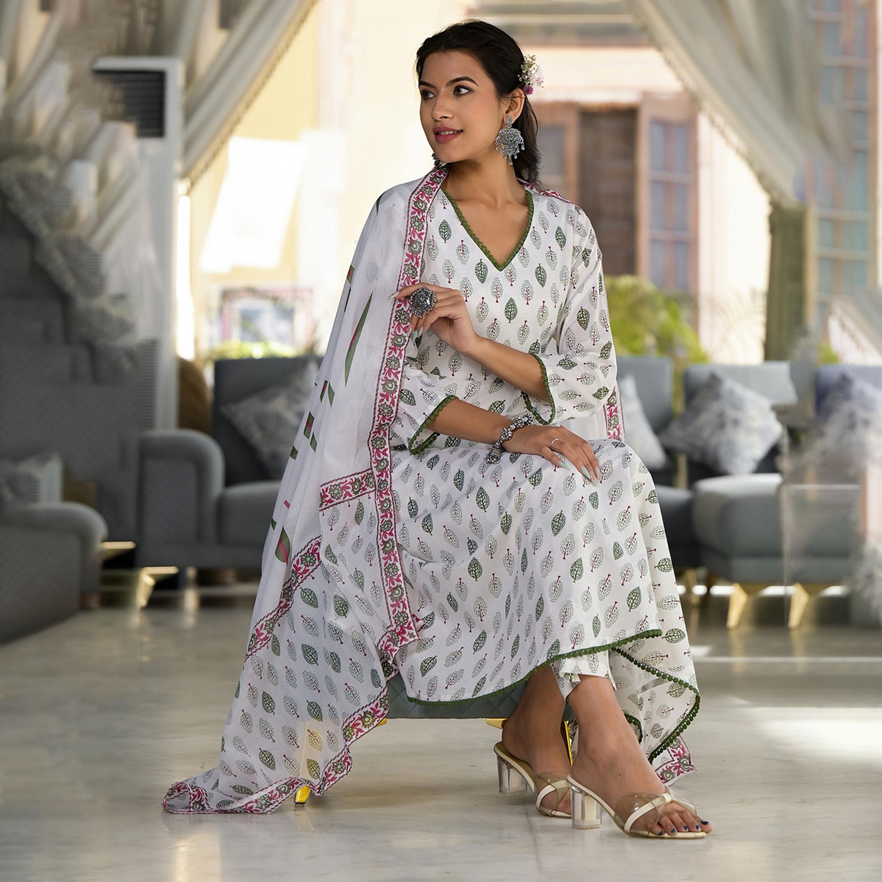 Vishudh X Styli White Ethnic Motifs Printed Regular Pure Cotton Kurta with Trousers & Dupatta-women-clothing-ethnicwear-sareesets-image-2