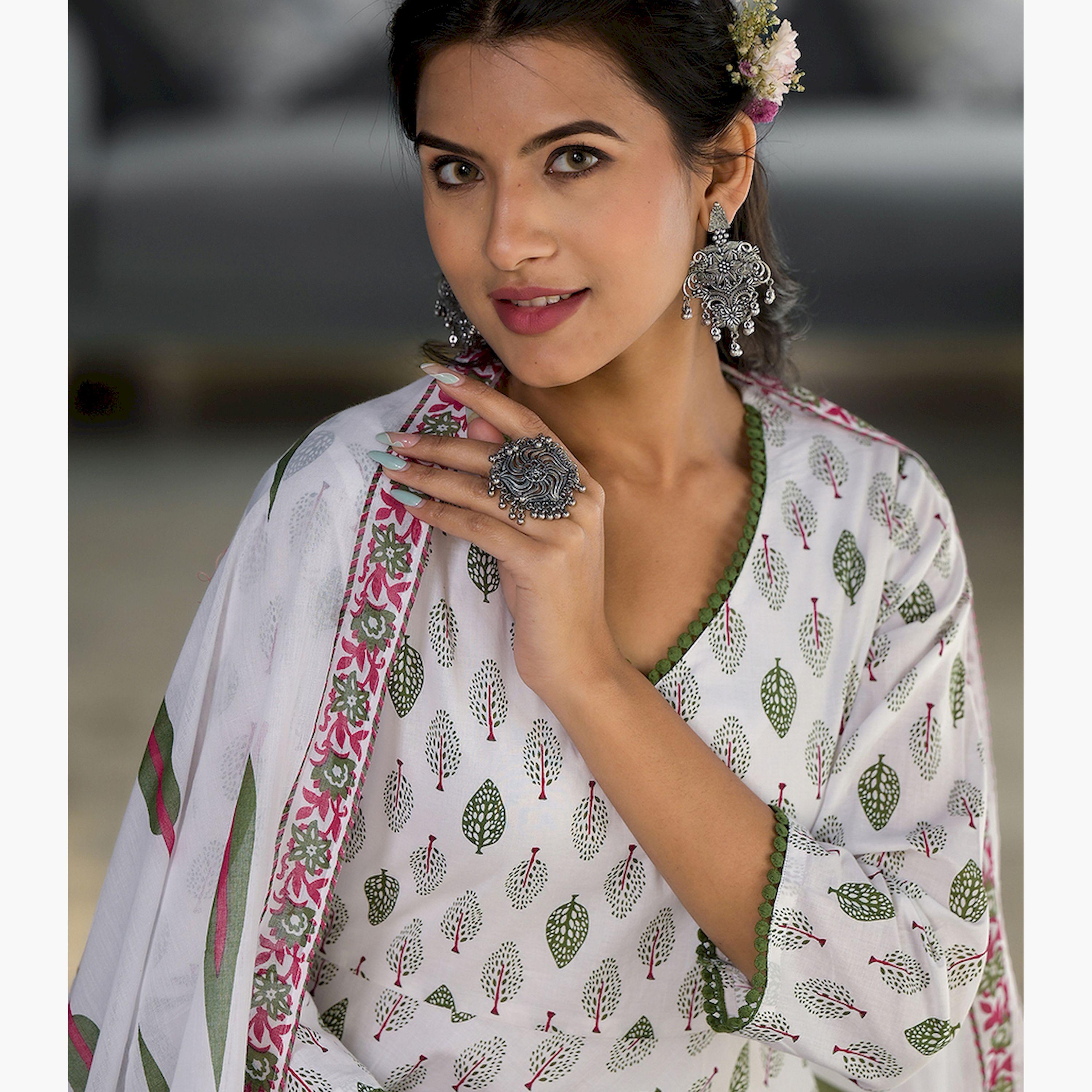Vishudh X Styli White Ethnic Motifs Printed Regular Pure Cotton Kurta with Trousers & Dupatta-women-clothing-ethnicwear-sareesets-image-5